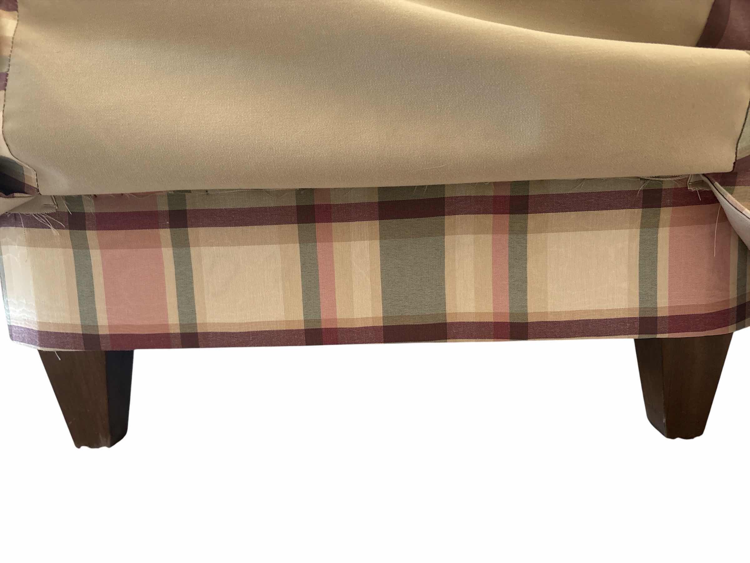 Photo 1 of VINTAGE SKIRTED OTTOMAN W PINK,GREEN, & CREAM PLAID FABRICS AND TASSELED FRINGE TRIM 32.5”X23.5”H16”