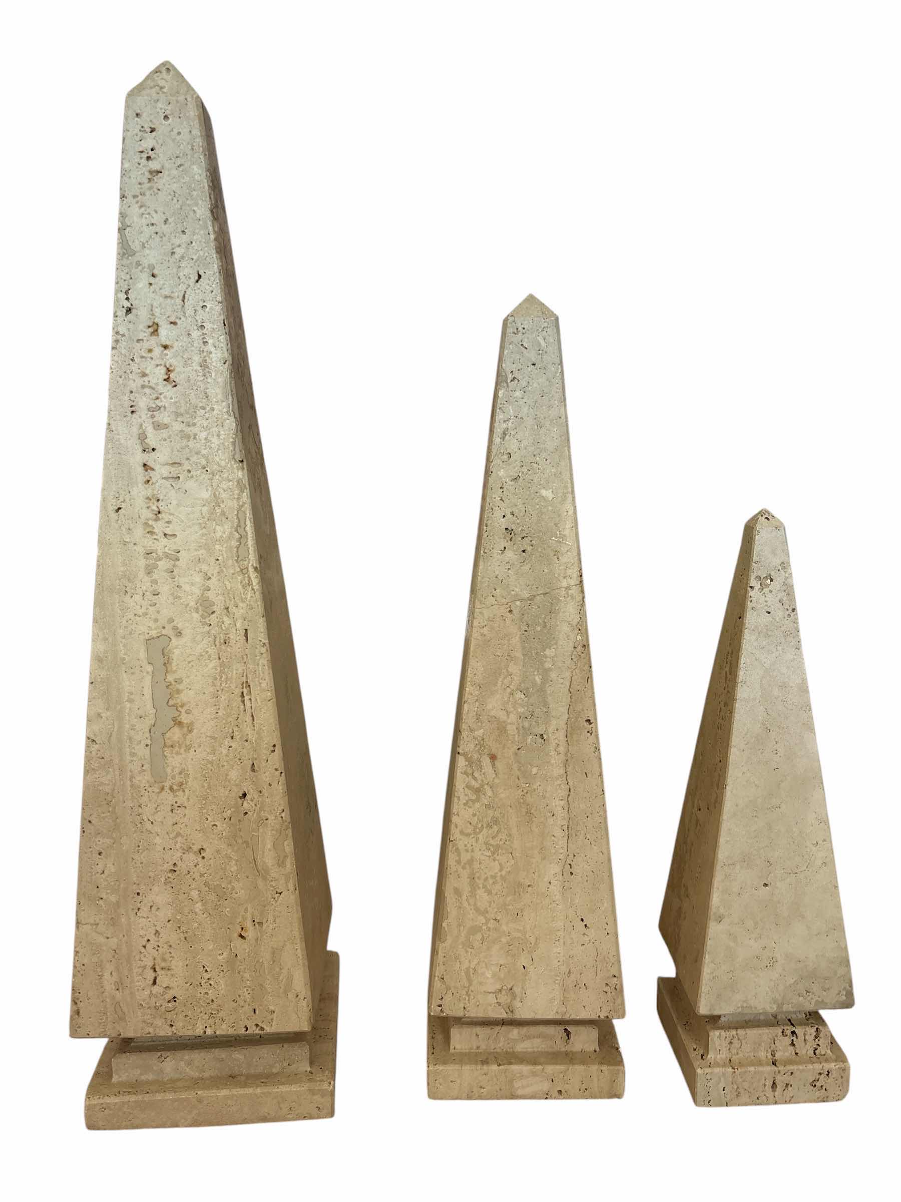 Photo 1 of (3)PCS VINTAGE ITALIAN TRAVERTINE OBELISK BEIGE STONE SCULPTURES TALLEST H20”