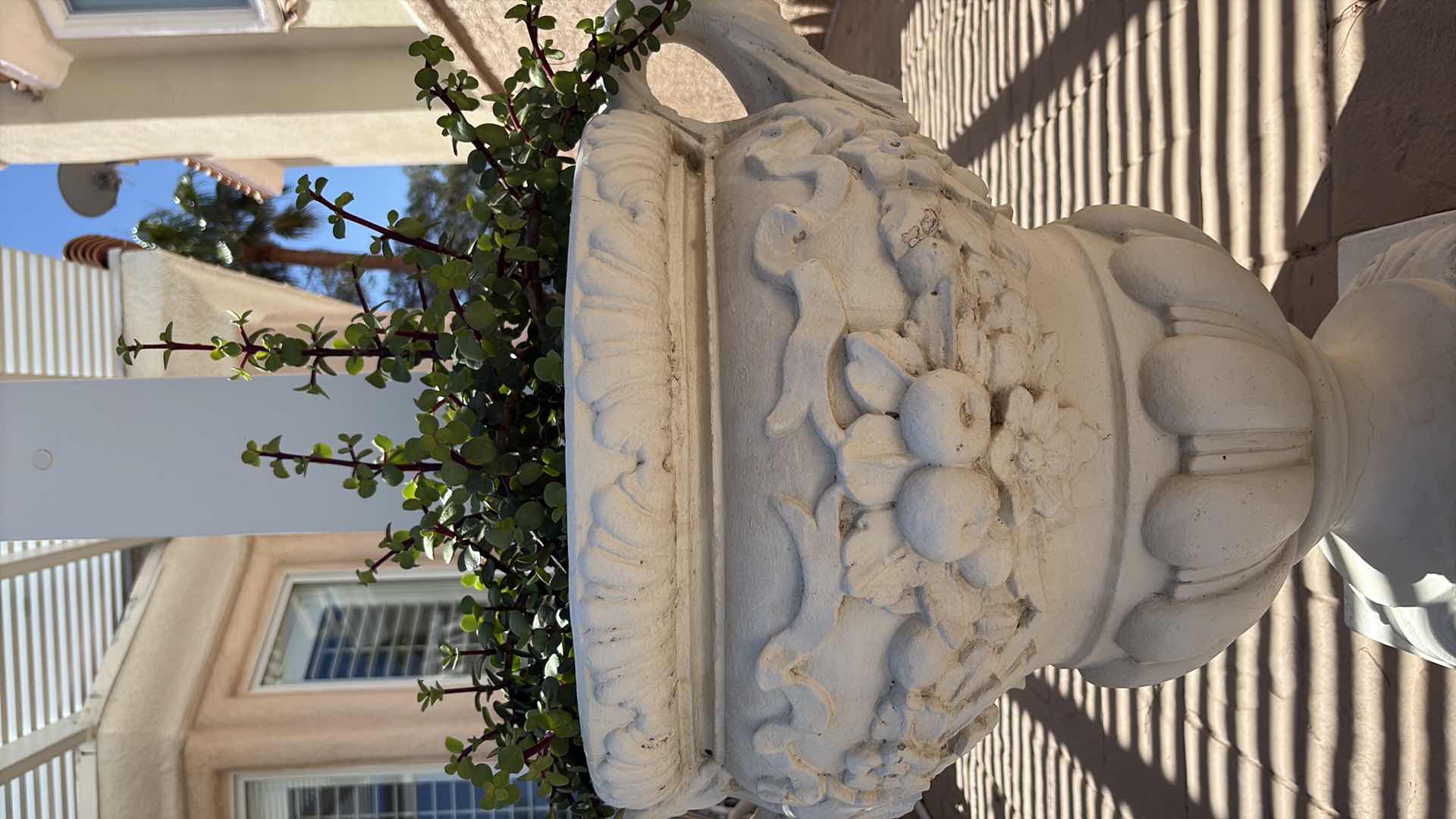 Photo 1 of FRENCH STONE FLORAL MOTIF COMPOSITE PLANTER W LIVE PLANTS  H29.5”