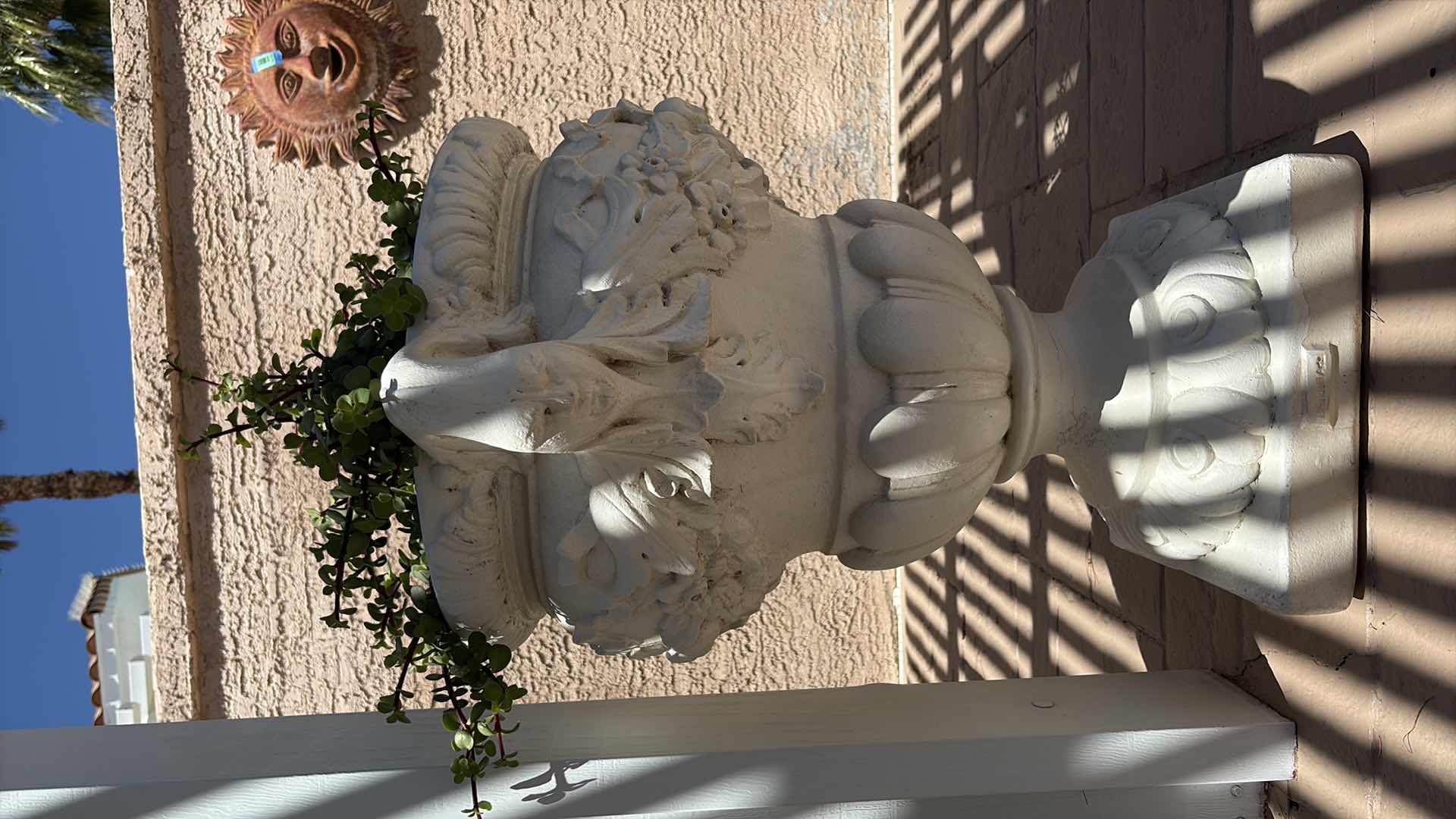 Photo 1 of FRENCH STONE FLORAL MOTIF COMPOSITE PLANTER W LIVE PLANTS  H29.5”