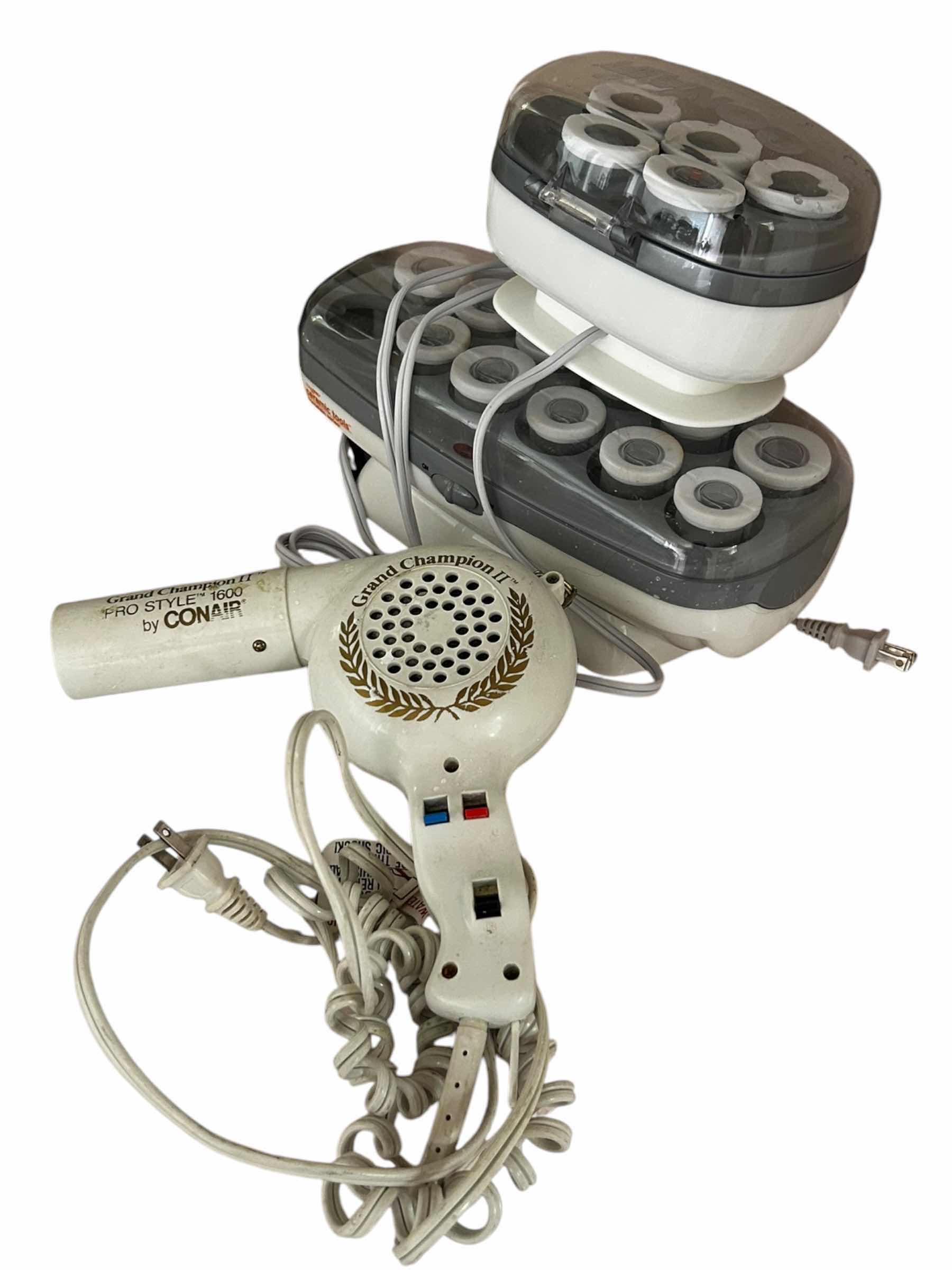 Photo 1 of VINTAGE CONAIR PRO 1600 HAIR DRYER, MATCHING CONAIR HOT ROLLER SET, AND A HEATLESS CONAIR ROLLER SET