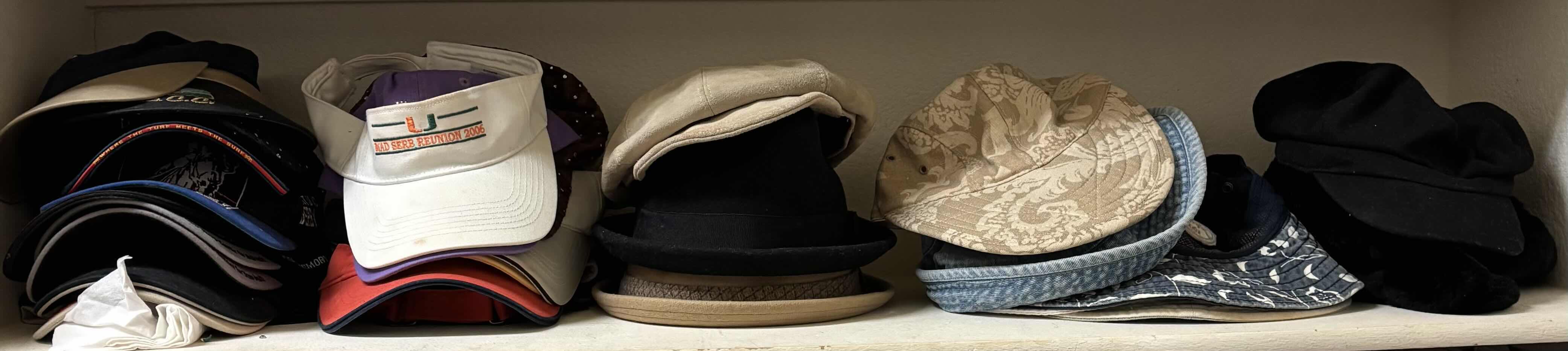 Photo 1 of CONTENTS OF SHELF: HATS, FEDORAS, BUCKET HATS