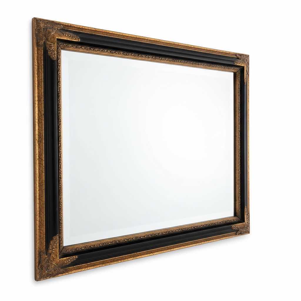 Photo 1 of VINTAGE ORNATE RECTANGULAR WALL MIRROR W CLASSIC BLACK AND GOLD FRAME 33.5”X27.5”