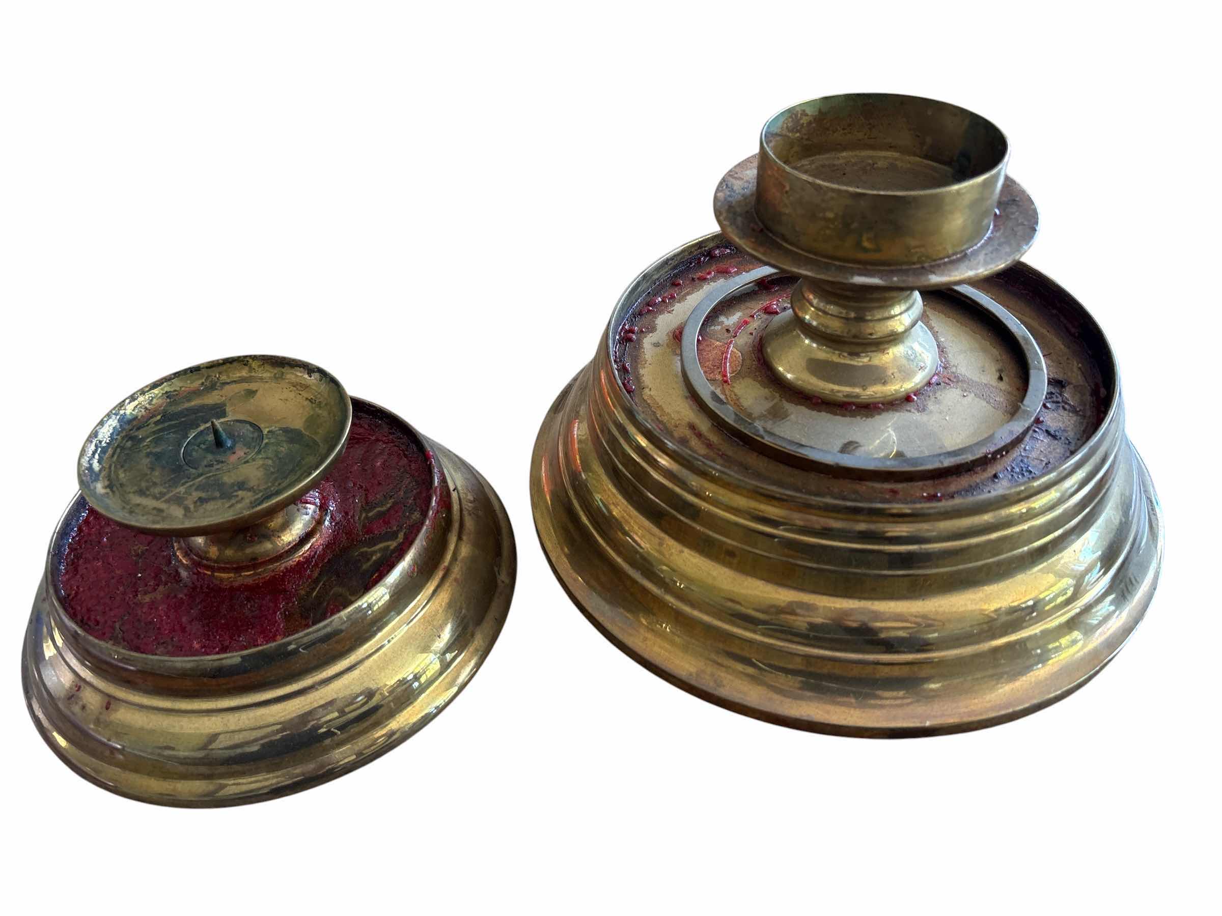 Photo 1 of (2)PCS VINTAGE SOLID BRASS CANDLESTICK HOLDERS W WIDE CIRCULAR BASES 10"