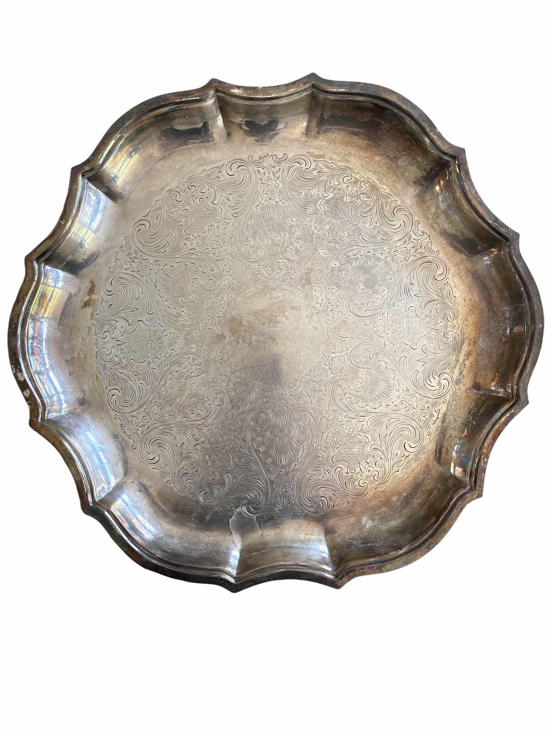 Photo 1 of VINTAGE SILVERPLATE SERVING TRAY MADE IN ENGLAND W SOLID ORNATE TRIM H13.5”
