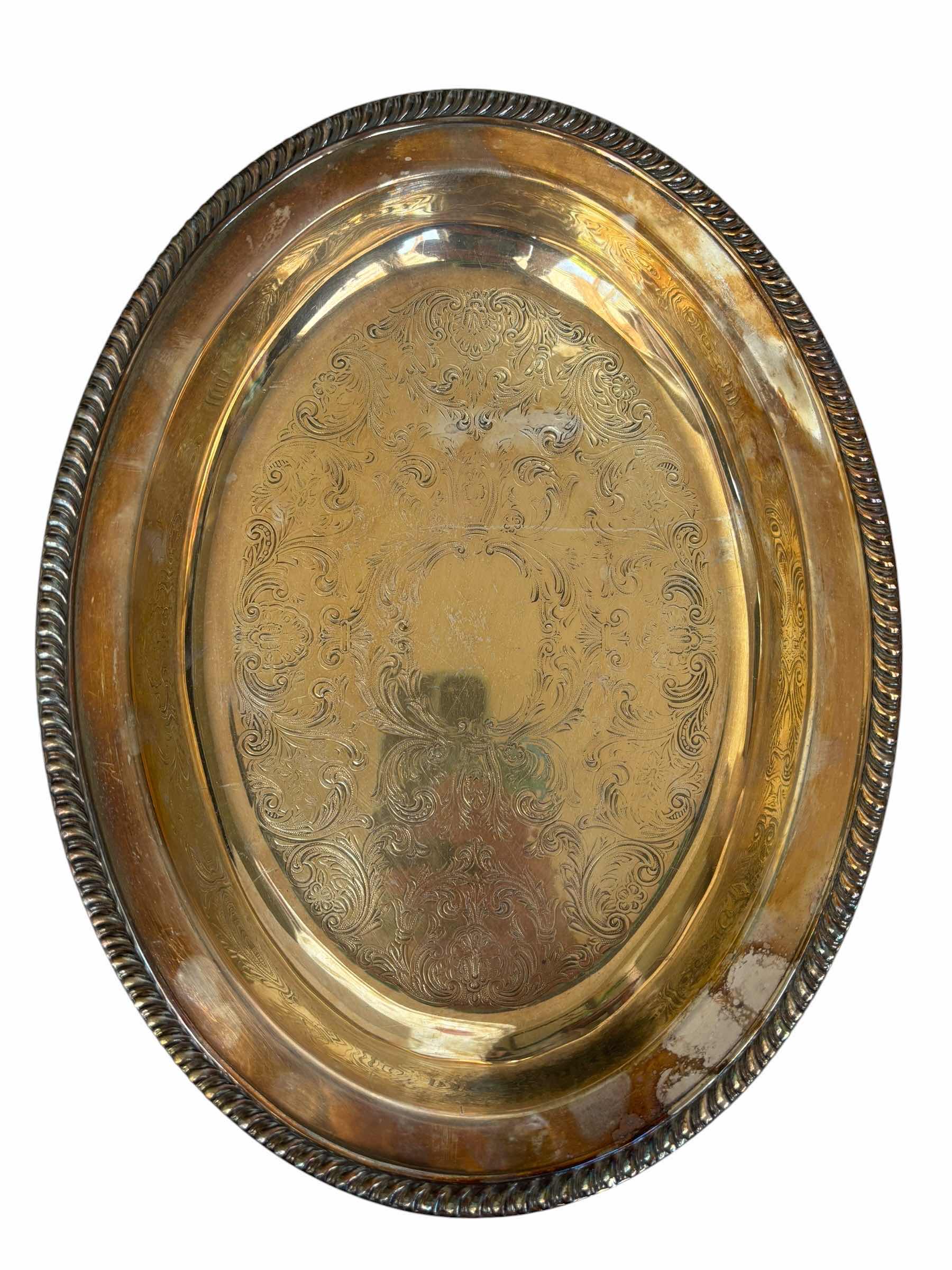 Photo 1 of VINTAGE SILVERPLATED MEAT SERVING PLATTER & VINTAGE SILVERPLATED OVAL SERVING TRAY