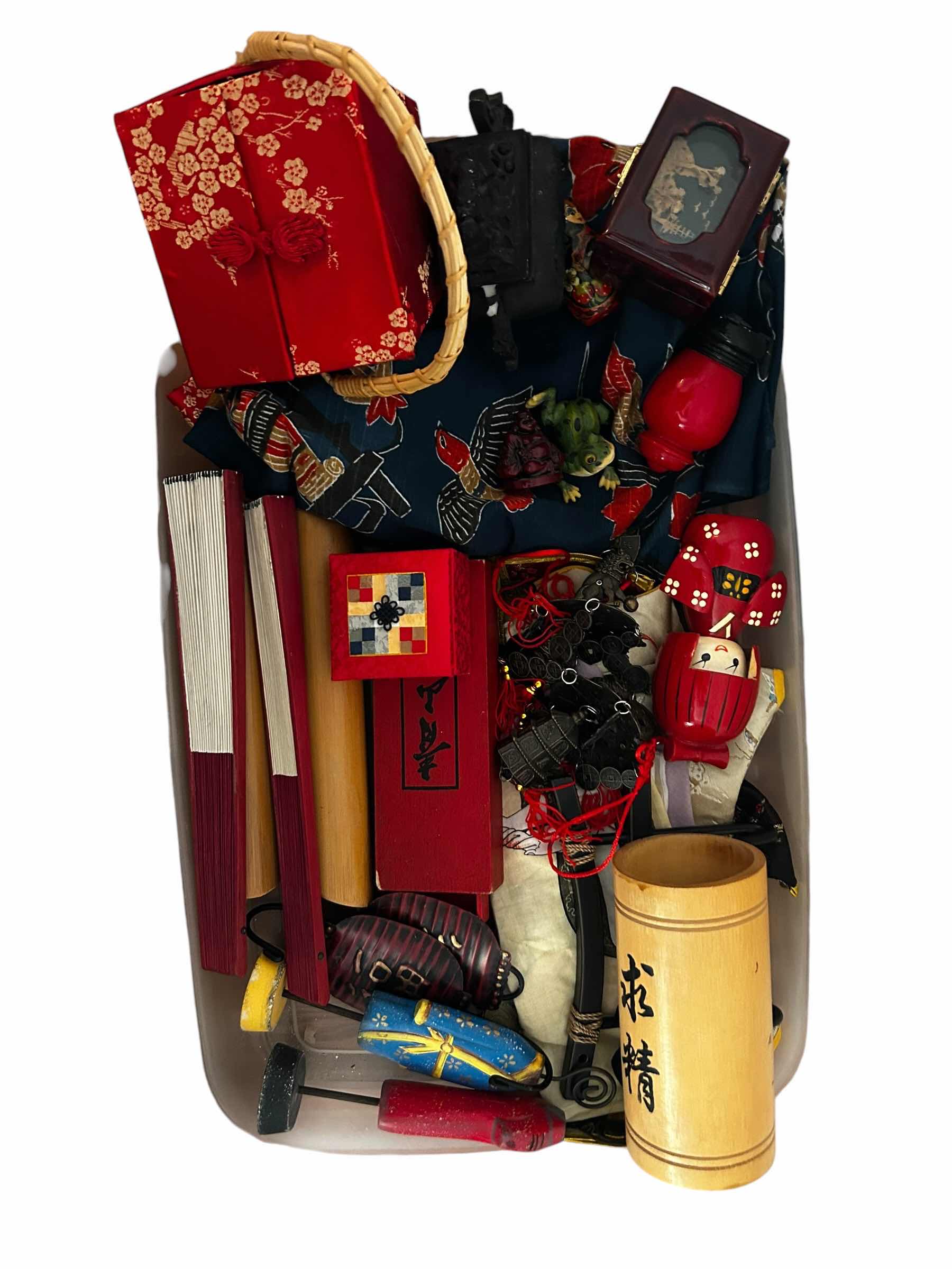 Photo 1 of BOX OF ASIAN INSPIRED FIGURES, VASES, ASIAN DOLL CLOTHING, AND MORE