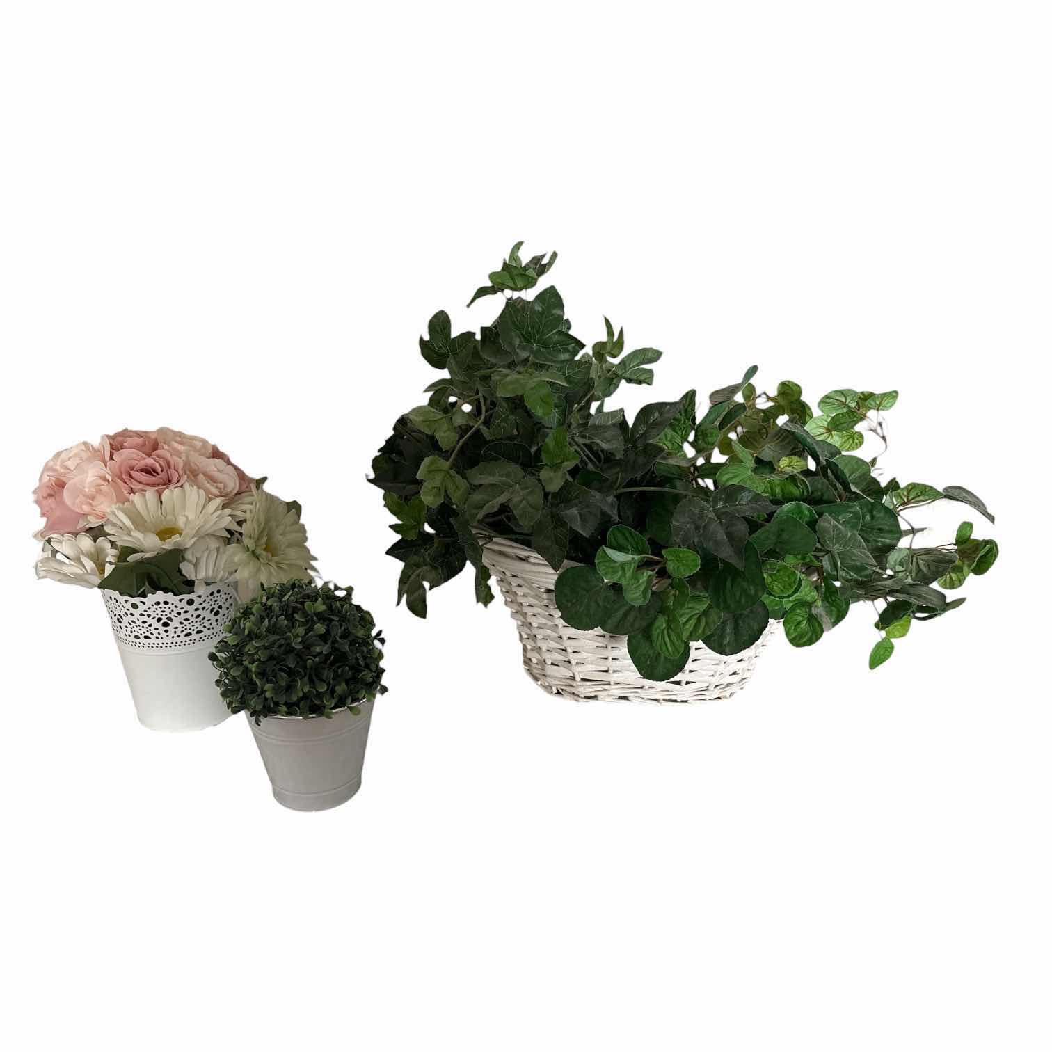 Photo 1 of (3)PCS FAUX PLANTS IN WHITE BASKET AND TINS H16”