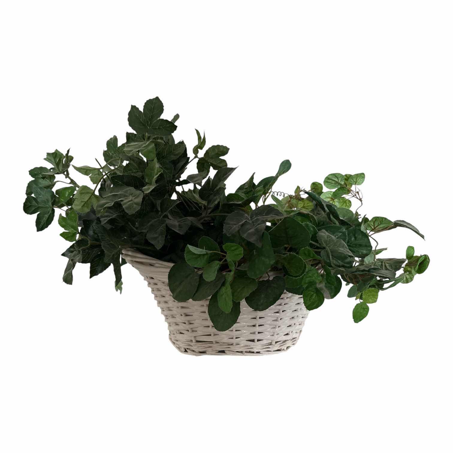 Photo 1 of (3)PCS FAUX PLANTS IN WHITE BASKET AND TINS H16”
