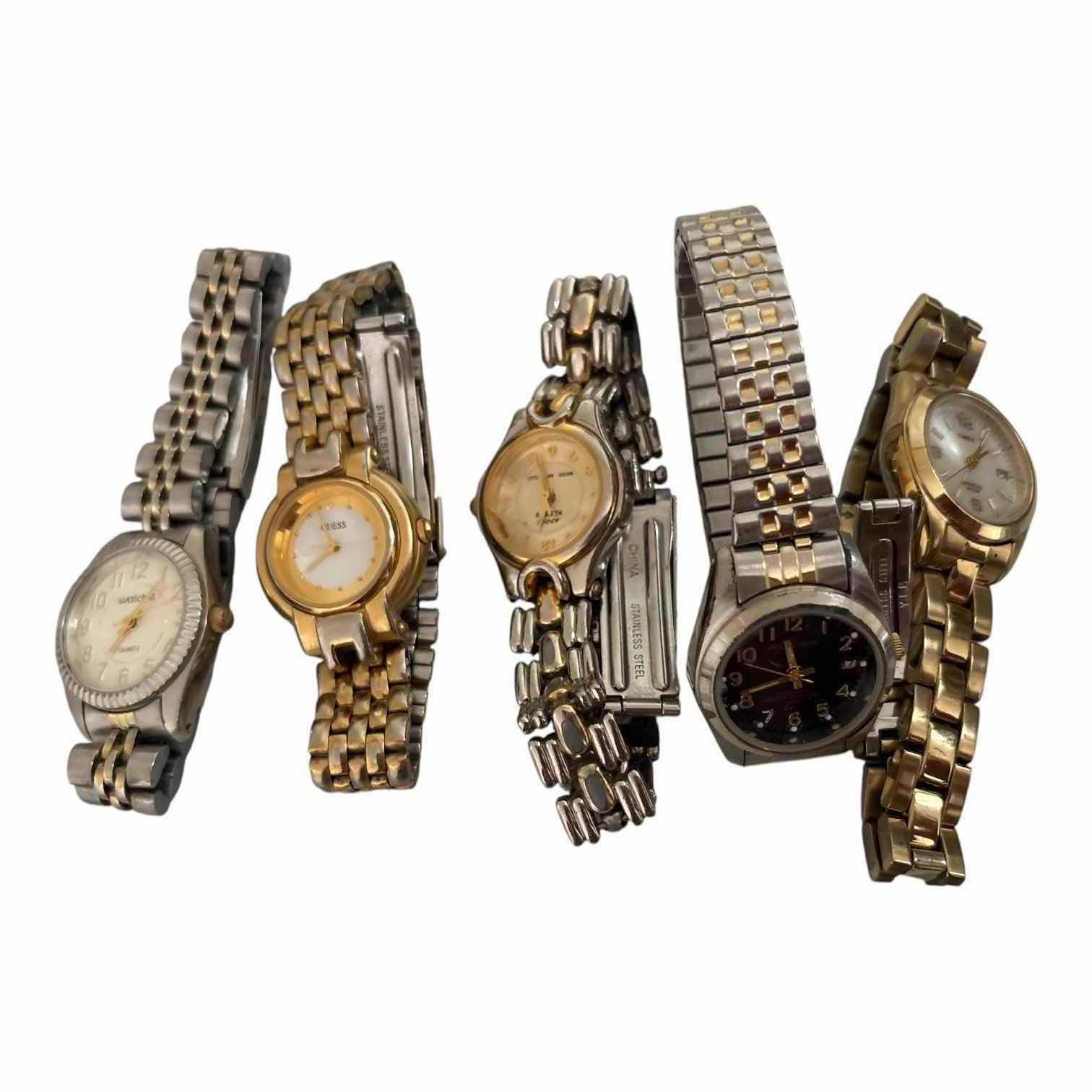 Photo 1 of (5)PCS VINTAGE GOLD/SILVER STYLE WOMENS WATCHES- TIMEX,GUESS AND MORE