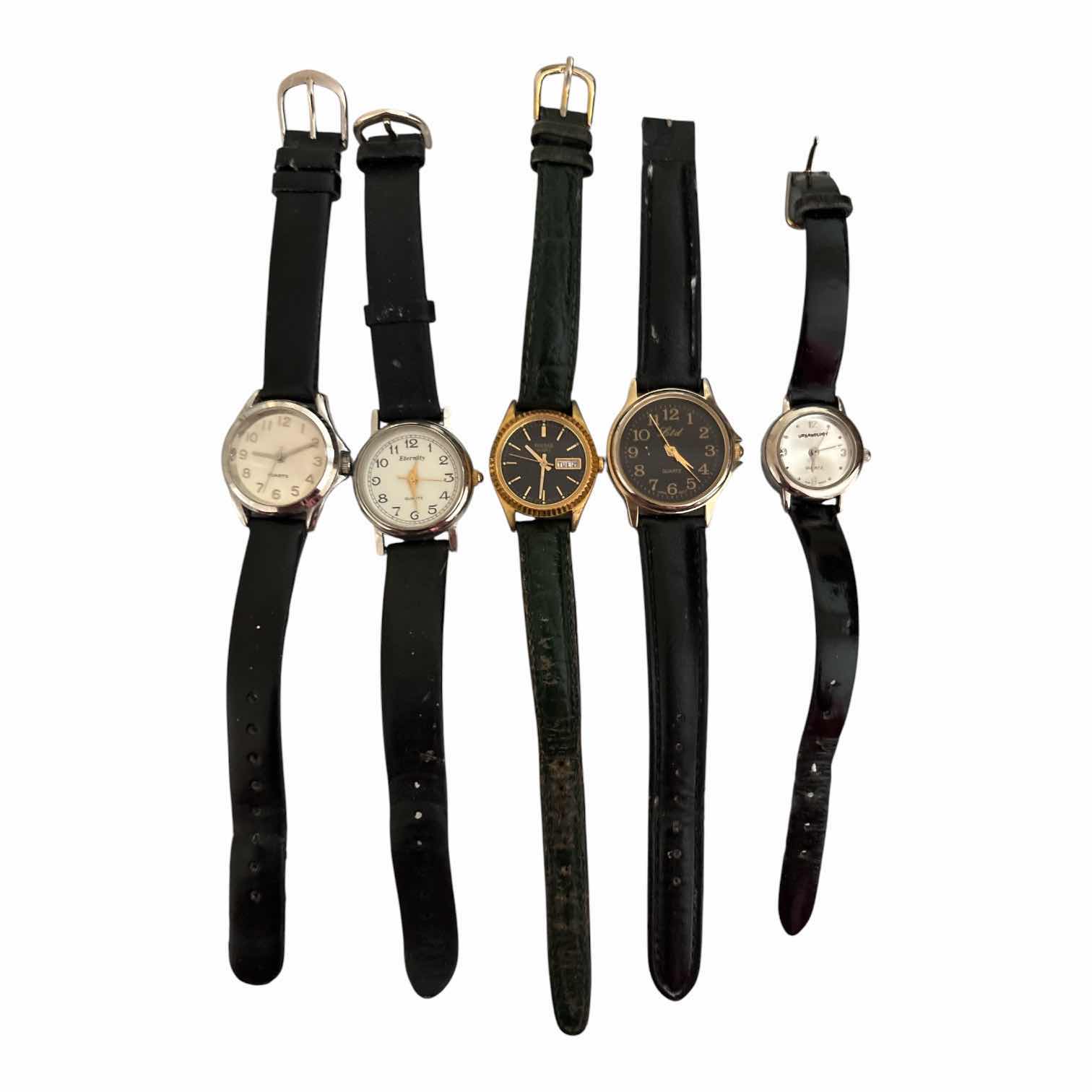 Photo 1 of (5)PCS VINTAGE BLACK BAND WOMENS WATCHES - ETERNITY, LTD AND PULSAR