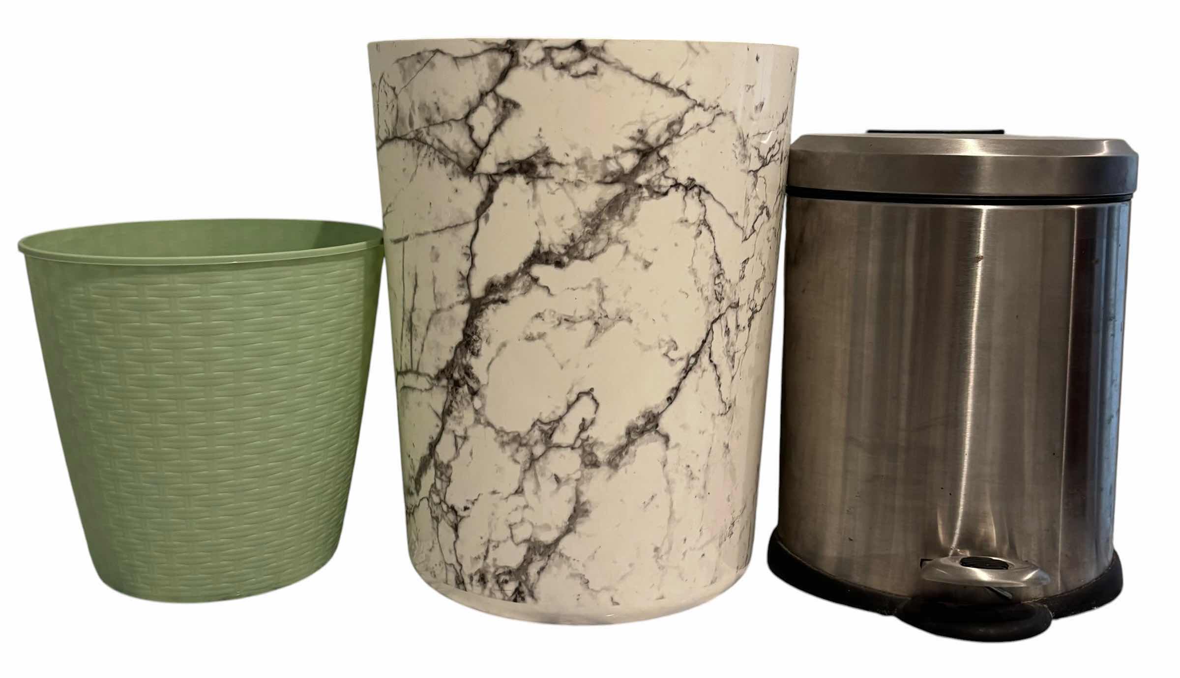 Photo 1 of TRASH CANS (3) (TALLEST 14”) & GLASS HURRICANE VASES (2)