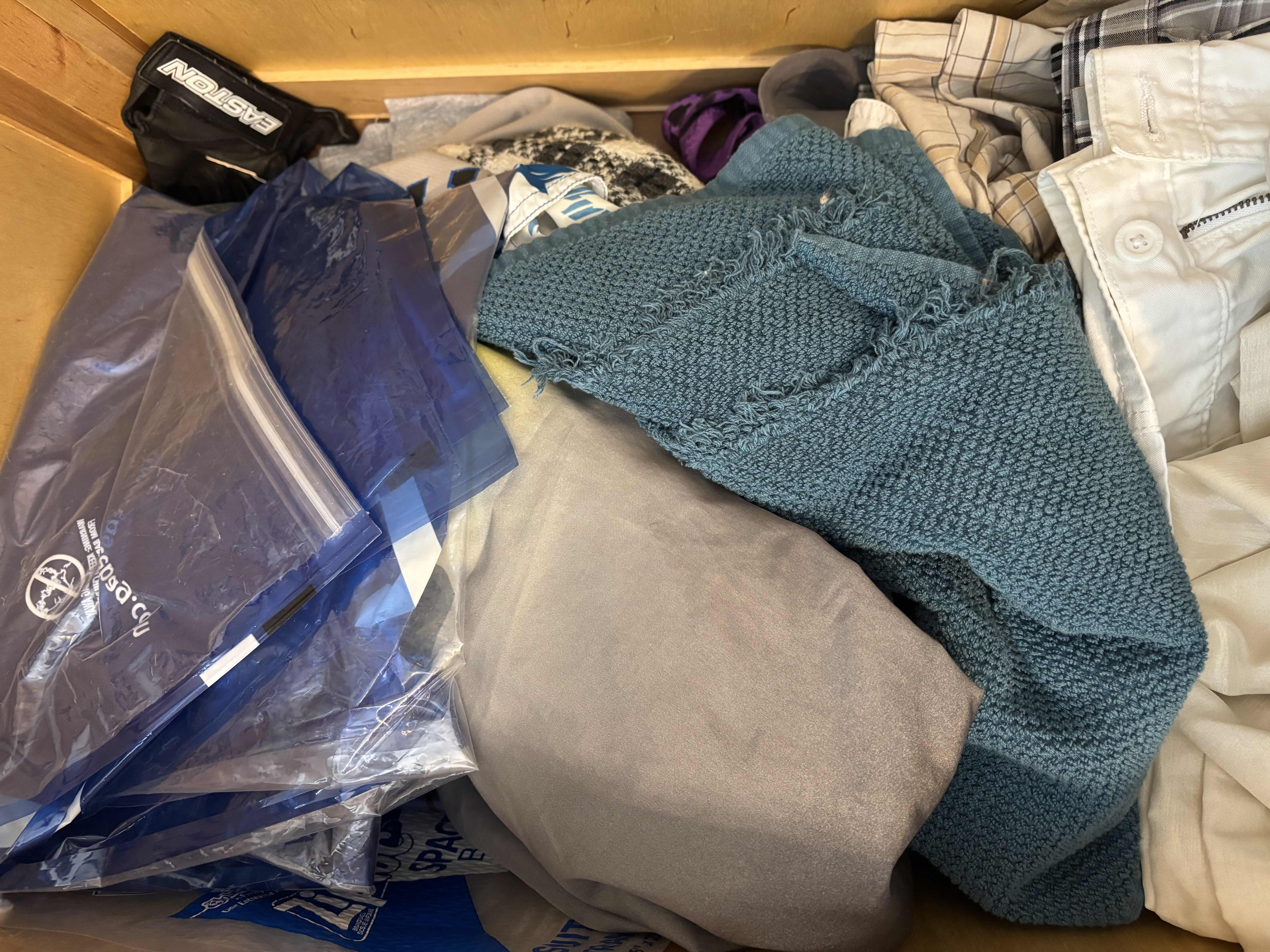 Photo 1 of WOODEN CHEST WITH CONTENTS (MEN’S CLOTHES & HOUSEHOLD LINENS) 38.5”L X 18.5”W X 20”H