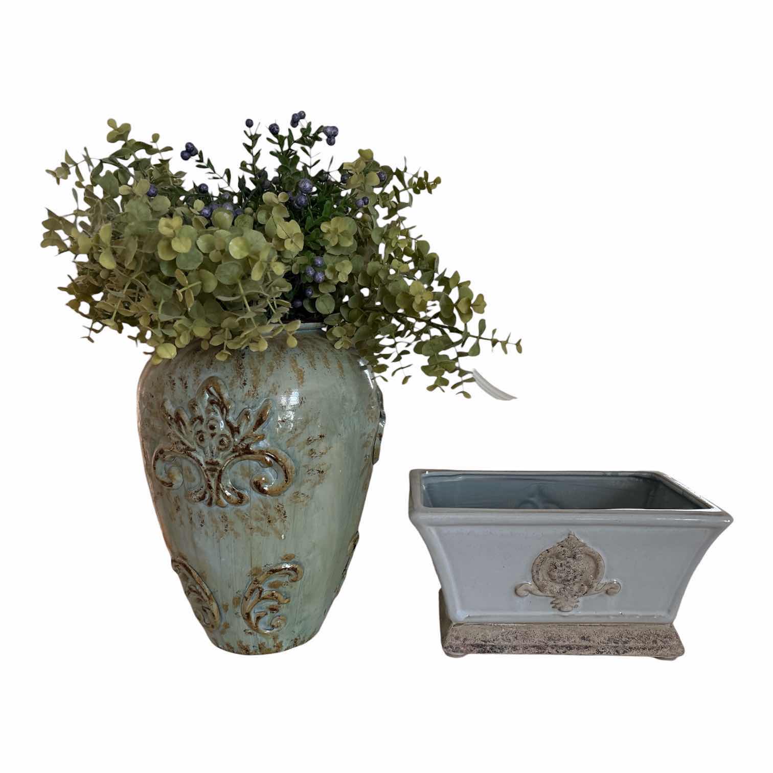 Photo 1 of (2)PCS GREEN CERAMIC VASE AND FLORAL RECTANGULAR VASE H17”