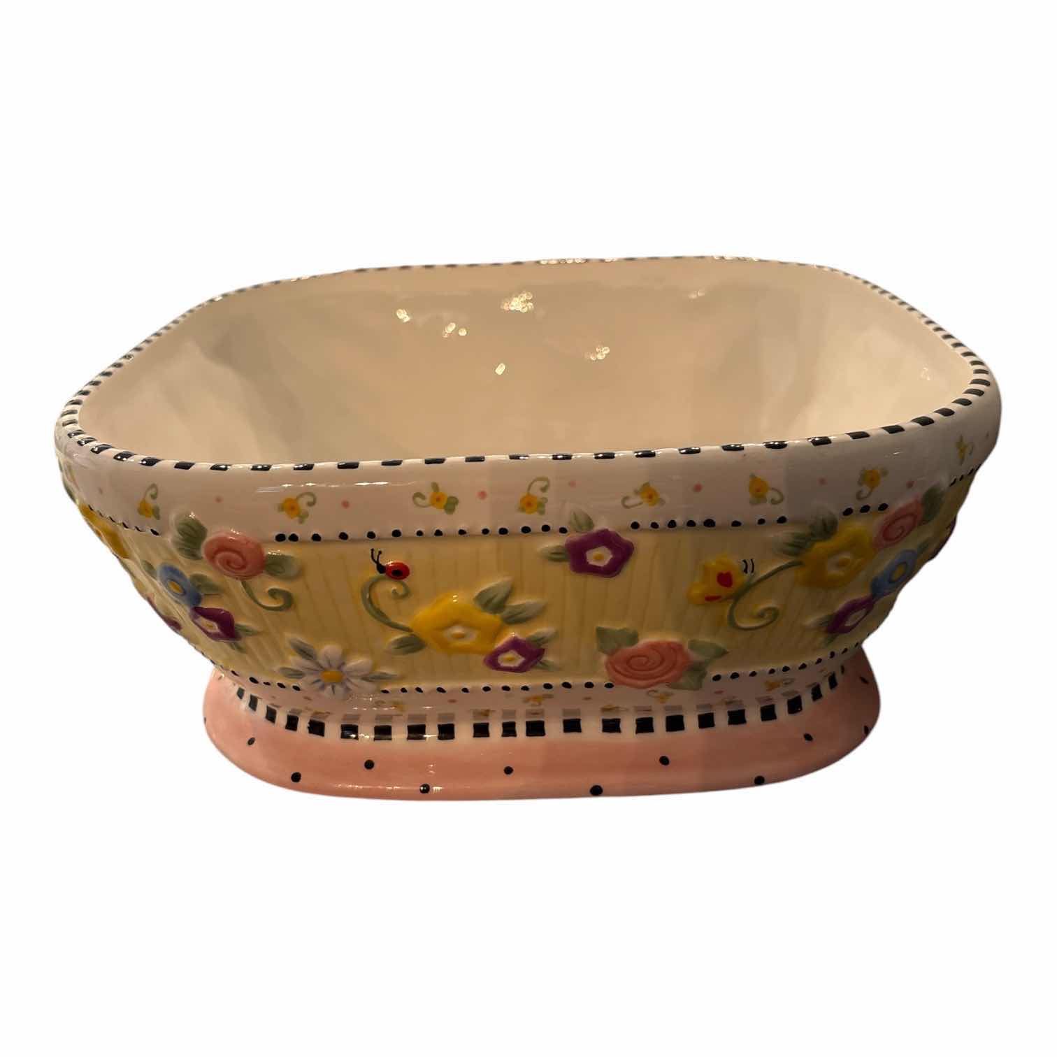 Photo 1 of (3)PCS VINTAGE MARY ENGELBREIT SQUARE CERAMIC CHIP DIP HOSTESS YELLOW GREEN FLORAL BOWL H4”