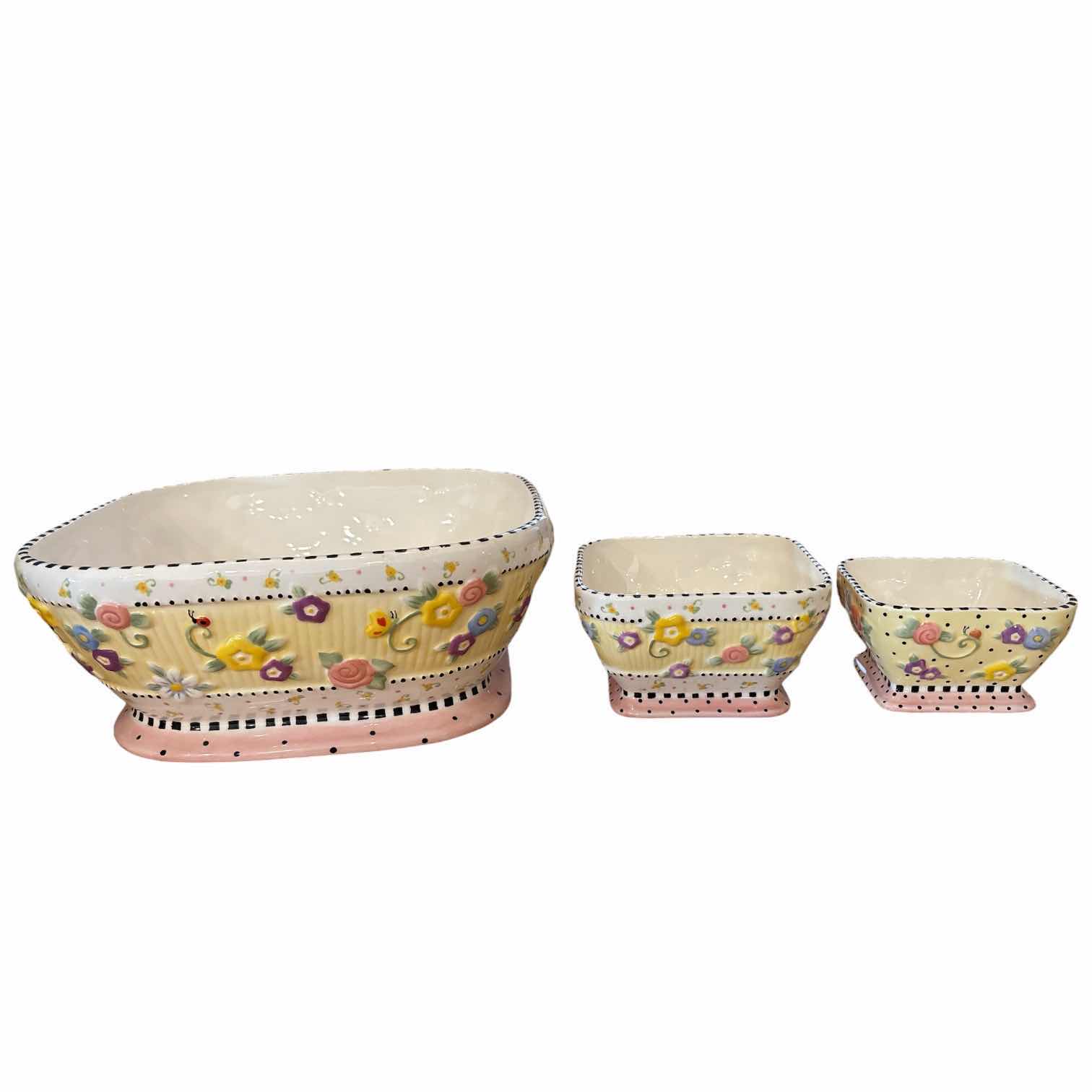 Photo 1 of (3)PCS VINTAGE MARY ENGELBREIT SQUARE CERAMIC CHIP DIP HOSTESS YELLOW GREEN FLORAL BOWL H4”