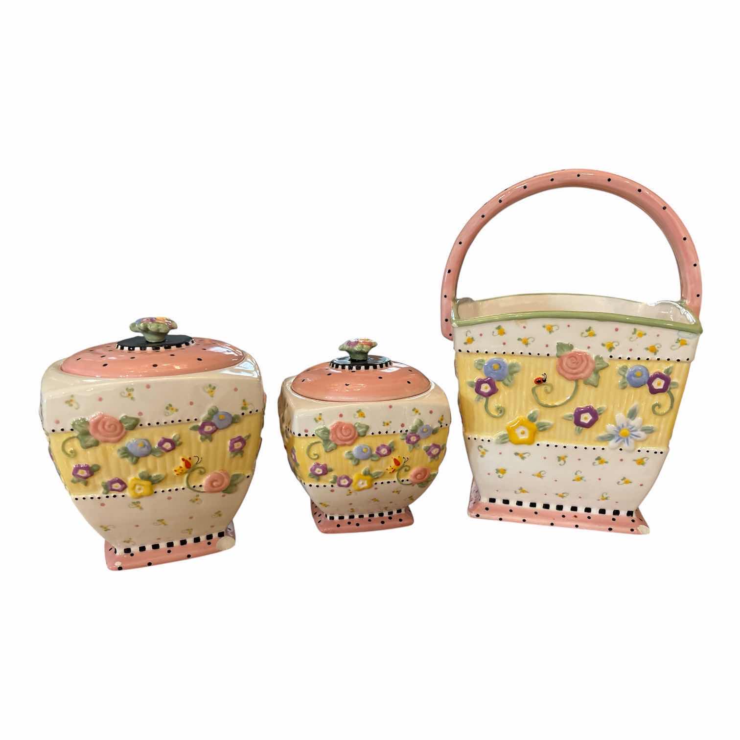 Photo 1 of (3)PCS VINTAGE MARY ENGELBREIT CERAMIC BASKET AND LIDDED JARS IN YELLOW W GREEN FLORAL PATTERNS H8.5”
