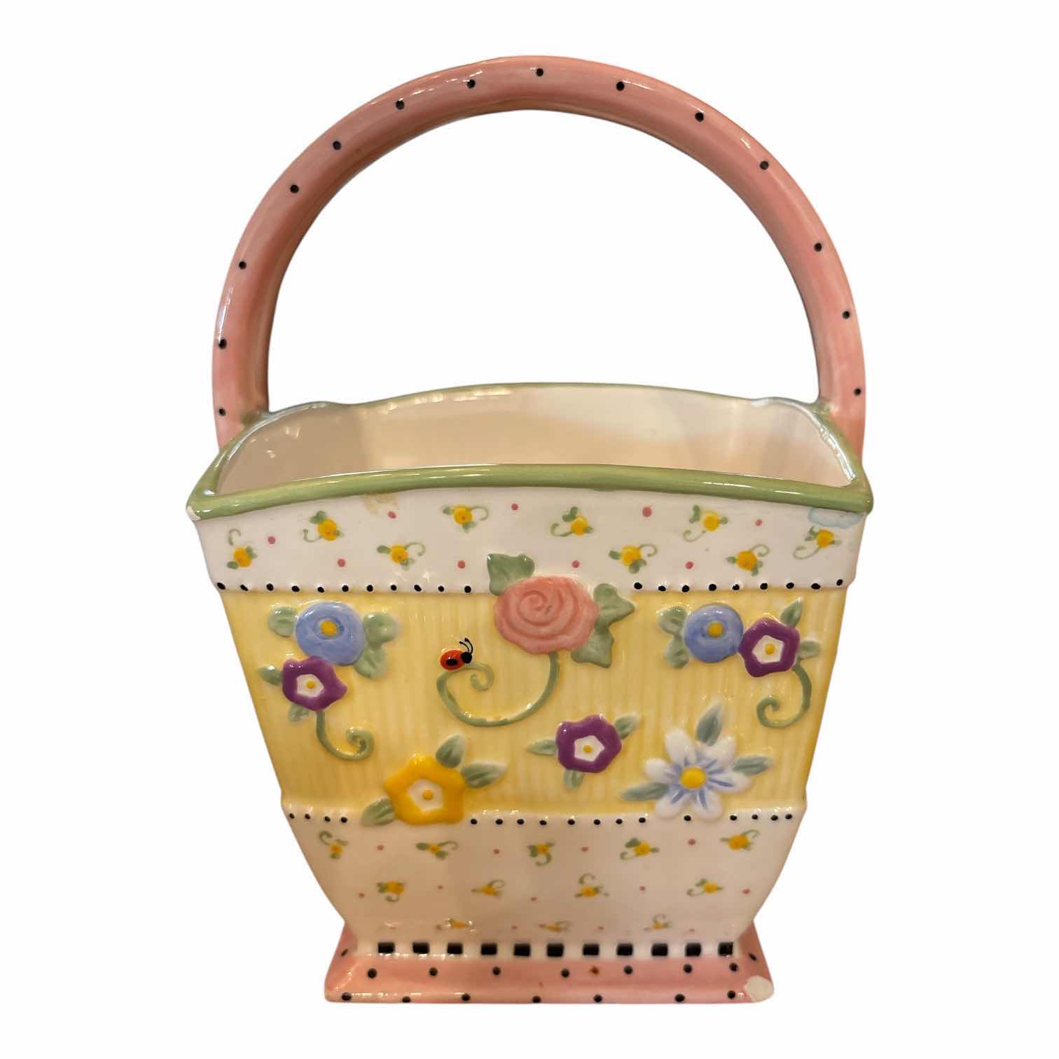 Photo 1 of (3)PCS VINTAGE MARY ENGELBREIT CERAMIC BASKET AND LIDDED JARS IN YELLOW W GREEN FLORAL PATTERNS H8.5”