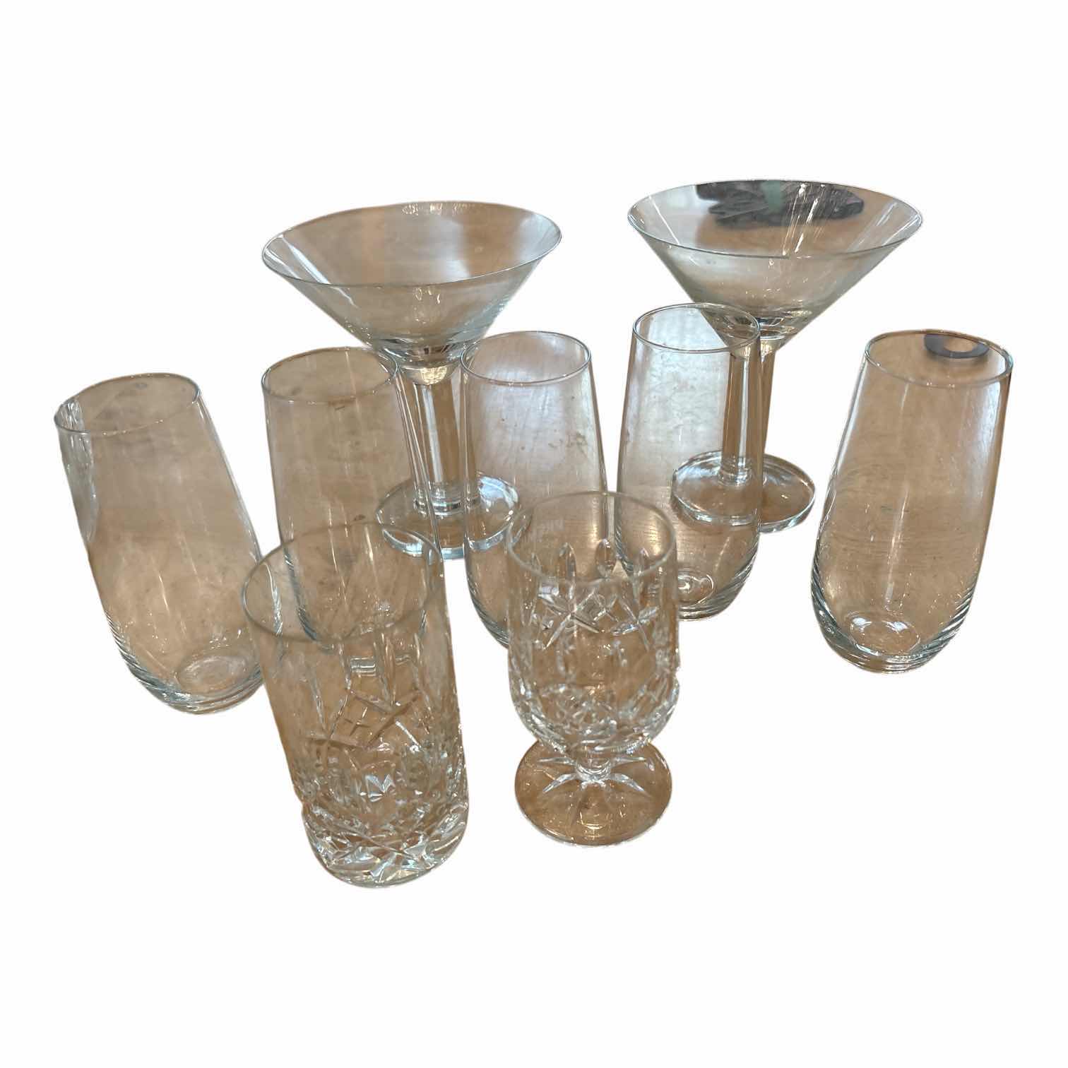Photo 1 of (9)PCS GLASS CUP- MARTINI, STEMLESS FLUTE, AND MORE