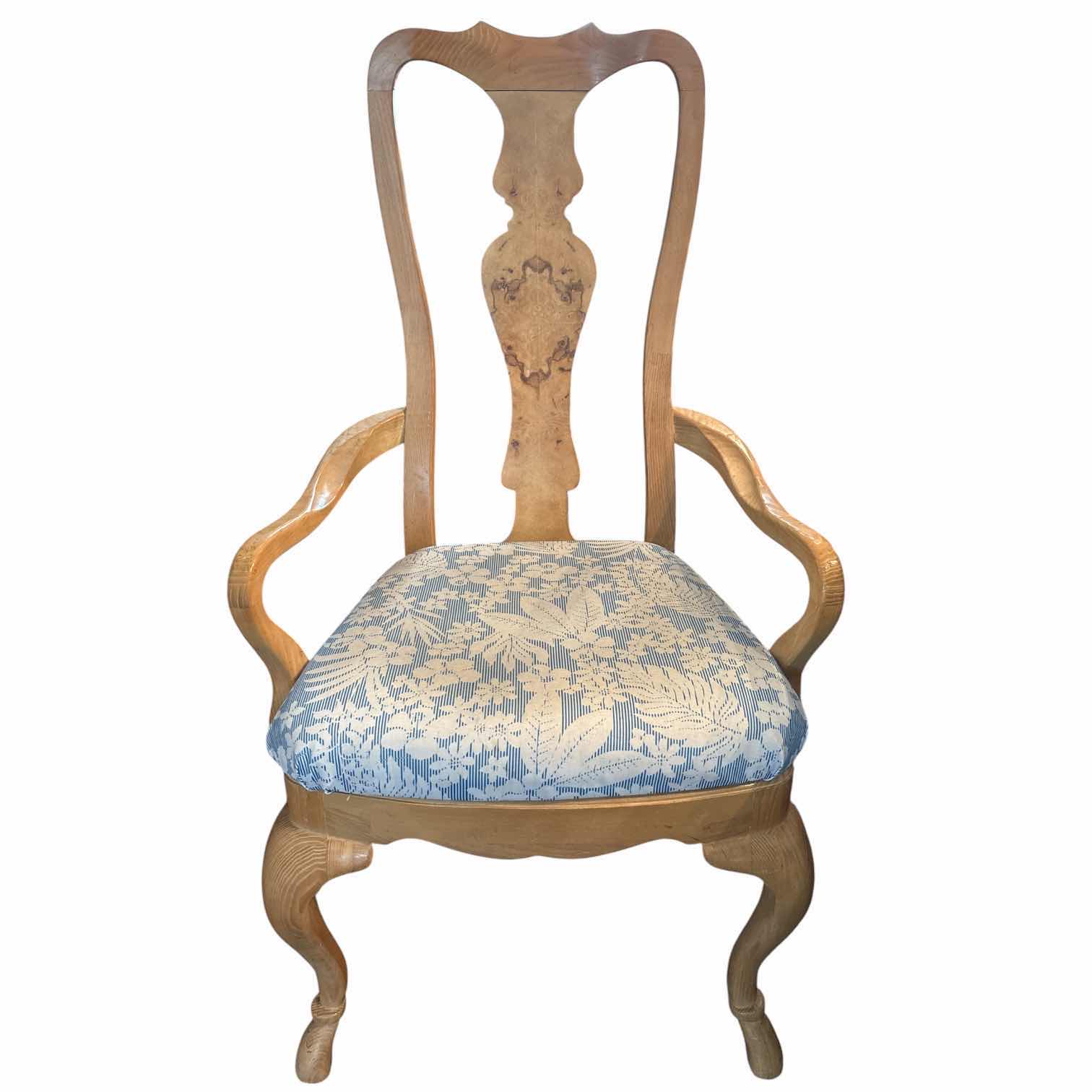 Photo 1 of DREXEL HERITAGE QUEEN ANNE BURL WOOD BACKS-PLAT ARMCHAIR W/BLUE FLORAL UPHOLSTERY SEAT H19” TOTAL H42.5”