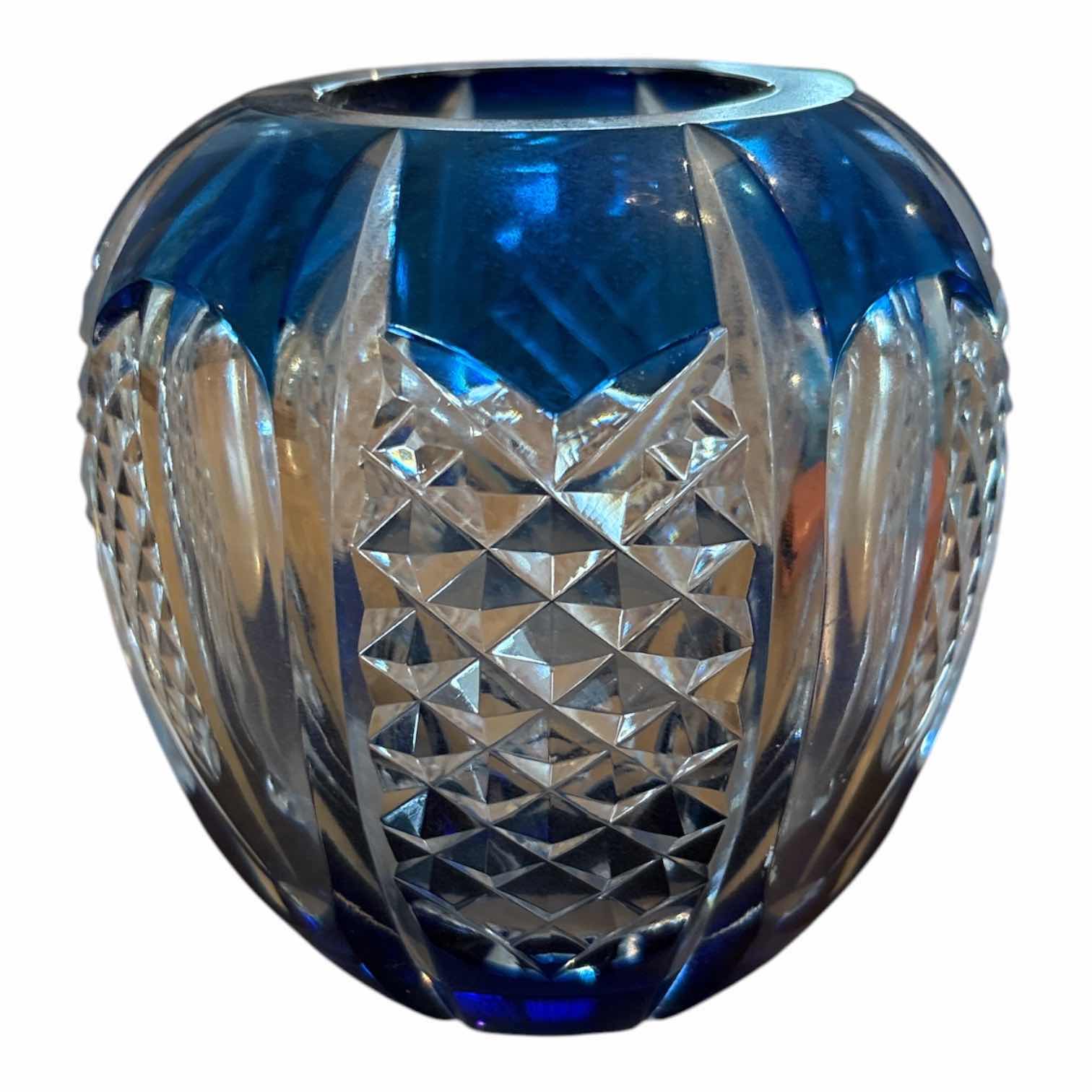 Photo 1 of VAL ST.LAMBERT COBALT BLUE DIAMOND CUT CRYSTAL VASE H4.5”