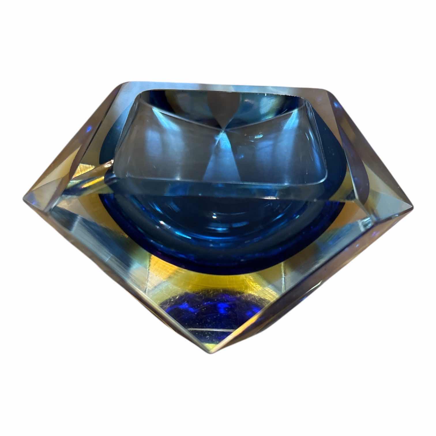 Photo 1 of VINTAGE MURANO FACETED SOMMERSO ASHTRAY IN YELLOW AND BLUE H2.5” $850