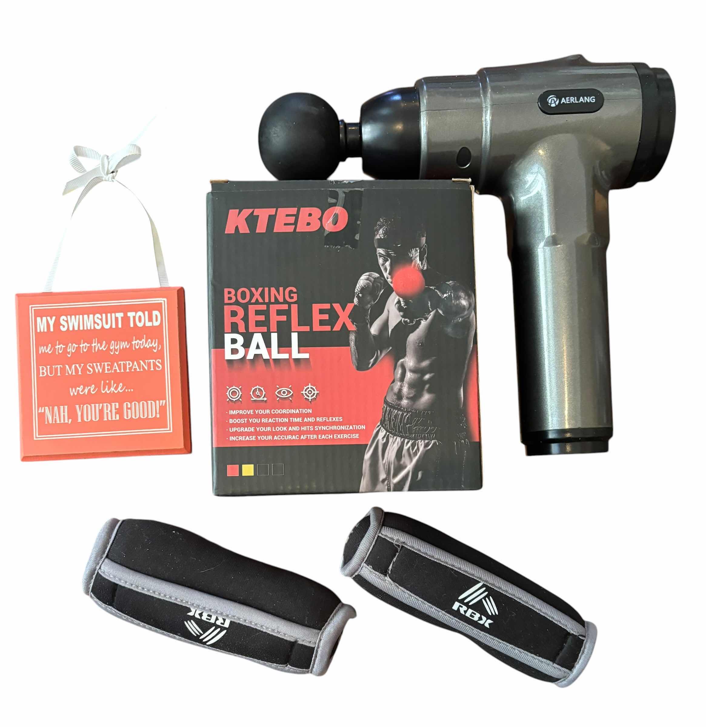 Photo 1 of HANDHELD MASSAGER, BOXING REFLEX BALL, 1LB HAND WEIGHTS & WORKOUT SIGN