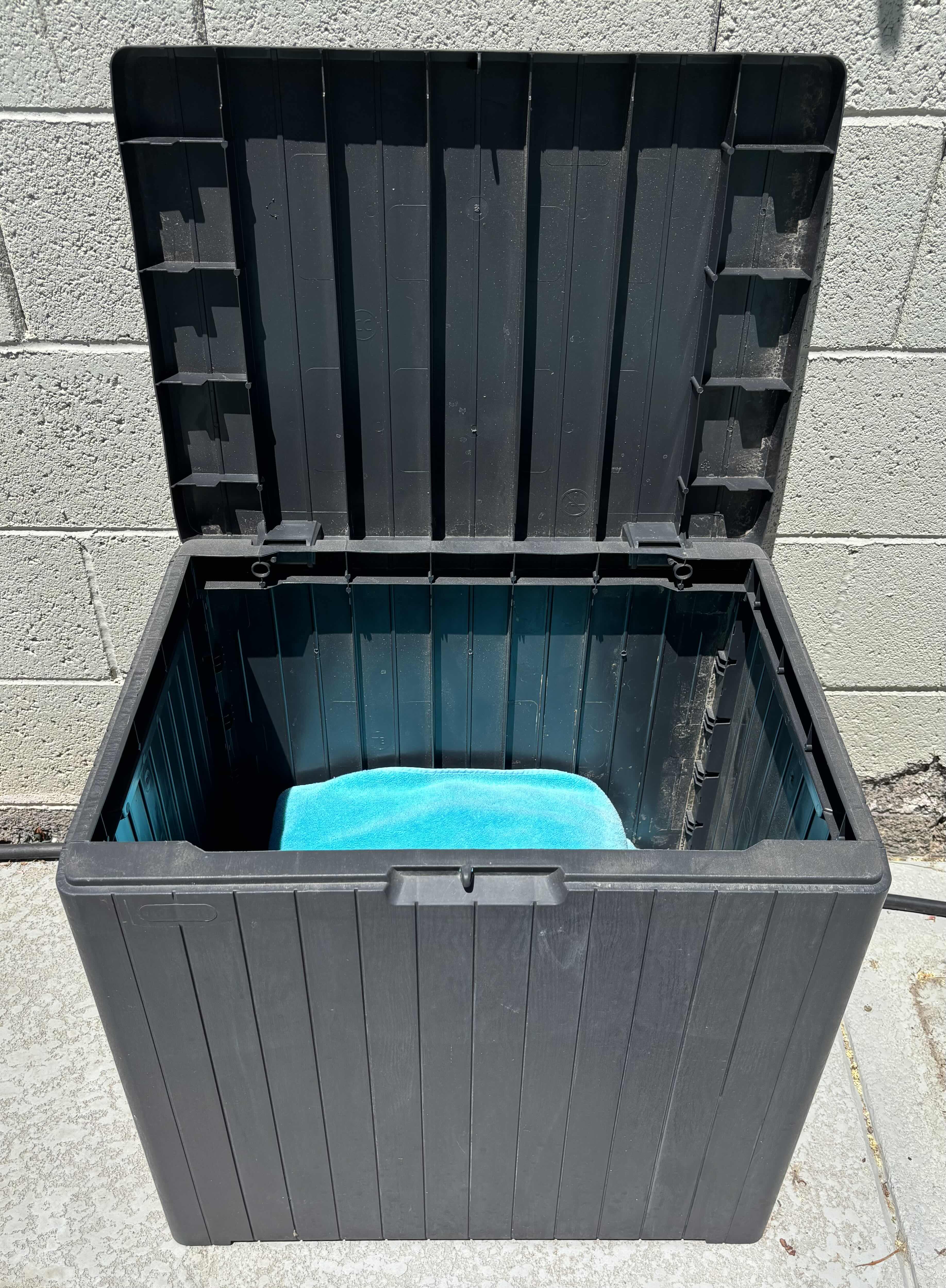 View 2 of SMALL OUTDOOR STORAGE CHEST WITH RESORT STYLE TOWELS 17” X 22” X 21”H