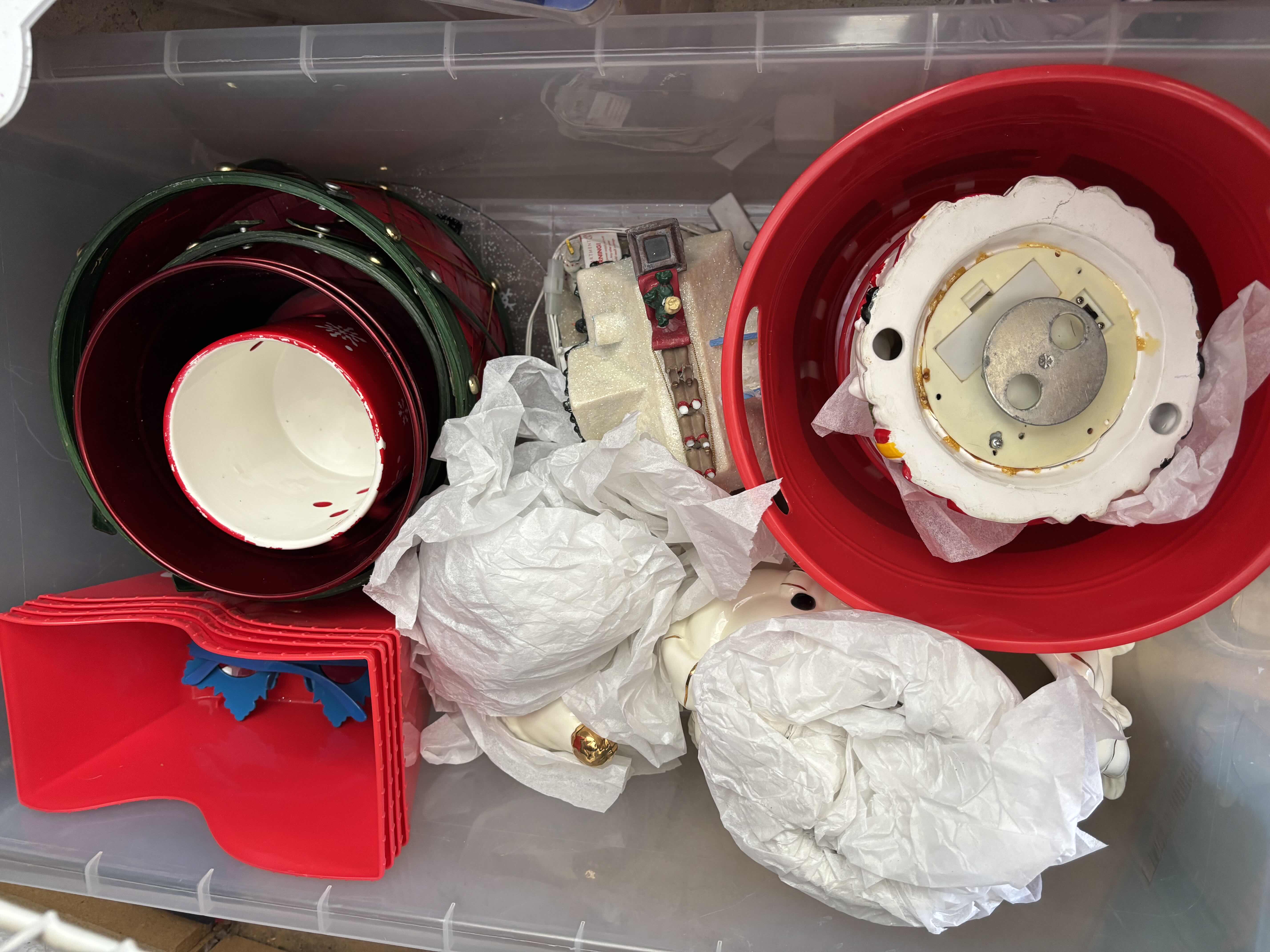 Photo 1 of CONTAINERS (2) OF CHRISTMAS DECOR, BOX OF CHRISTMAS TINS & YARD SIGNS