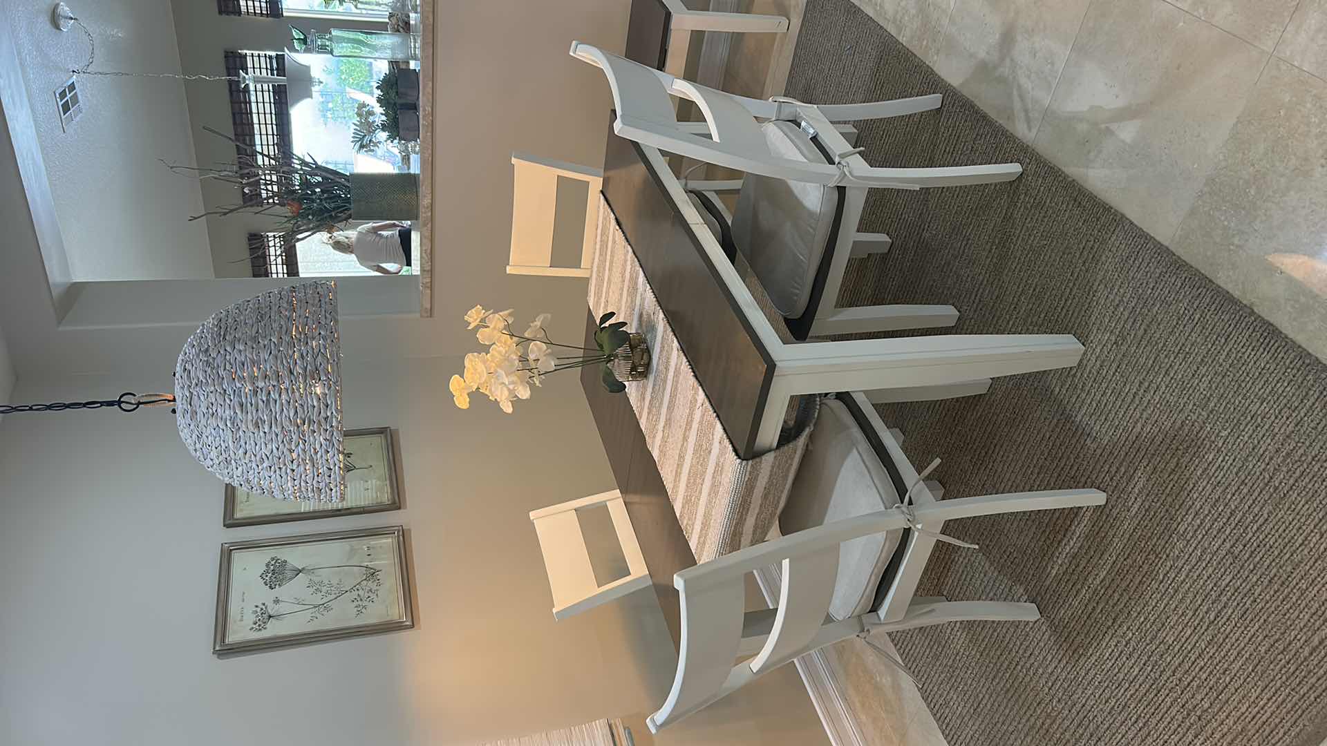 Photo 1 of FARMHOUSE-STYLE DINING TABLE W  TWO-TONE DESIGN RICH DARK WOOD TABLETOP  CRISP WHITE BASE  LEAF & LADDER-BACK CHAIRS INCLUDED 48“ x 38“ x H30“ (w/ 18” LEAF TOTAL LENGTH 66”)