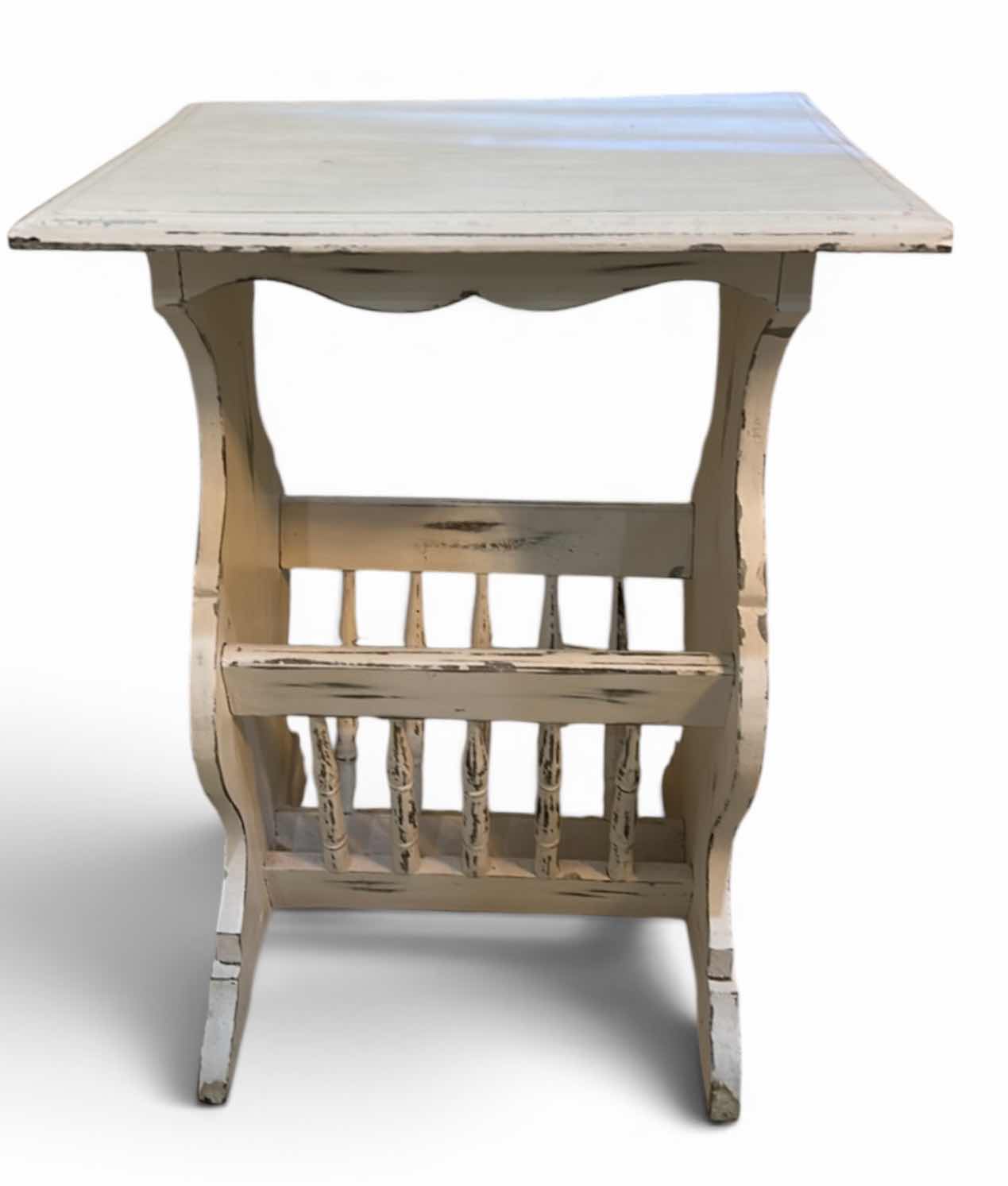 Photo 1 of FRENCH PROVINCIAL COUNTRY MAGAZINE SIDE TABLE W DISTRESSED WHITE FINISH & LOWER STORAGE RACK/ ATTACHED 19” x 16” x H24 1/2”