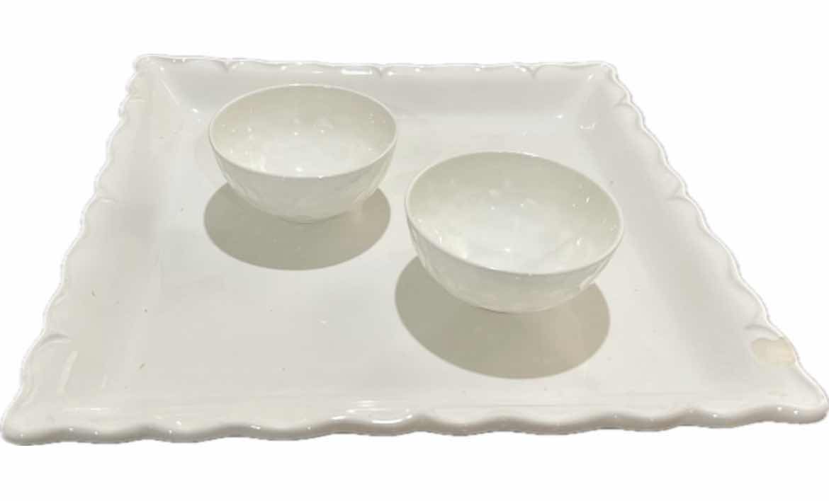 Photo 1 of TWO SMALL BONE CHINA BOWLS AND LARGE SQUARE SCALLOPED PLATE/SERVING TRAY CERIART, S. A. MADE IN PORTUGAL.
