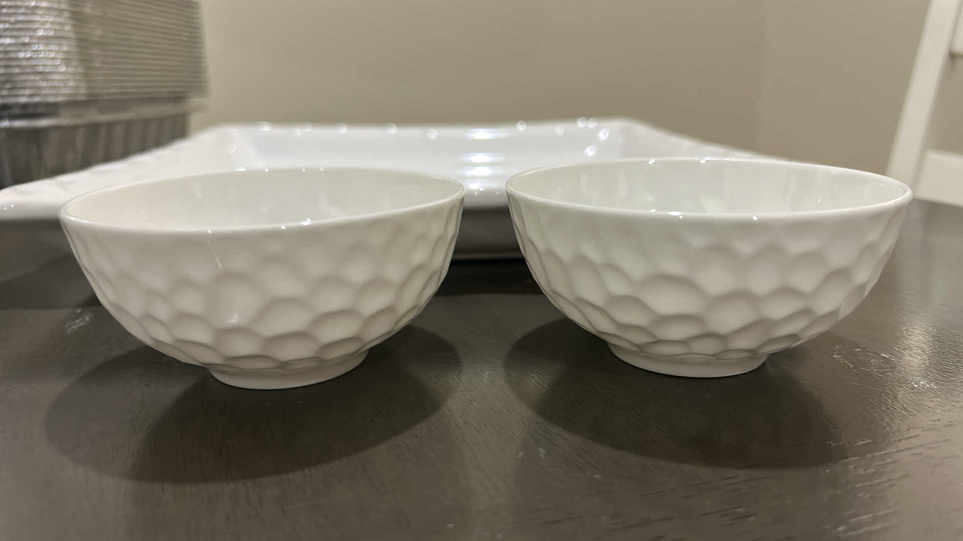 Photo 1 of TWO SMALL BONE CHINA BOWLS AND LARGE SQUARE SCALLOPED PLATE/SERVING TRAY CERIART, S. A. MADE IN PORTUGAL.