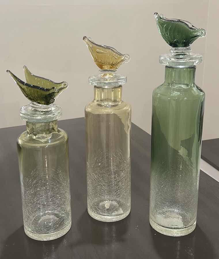 Photo 1 of 3 DECORATIVE BOTTLES FEATURE UNIQUE BUTTERFLY GLASS STOPPERS. (TALLEST H17.5”)