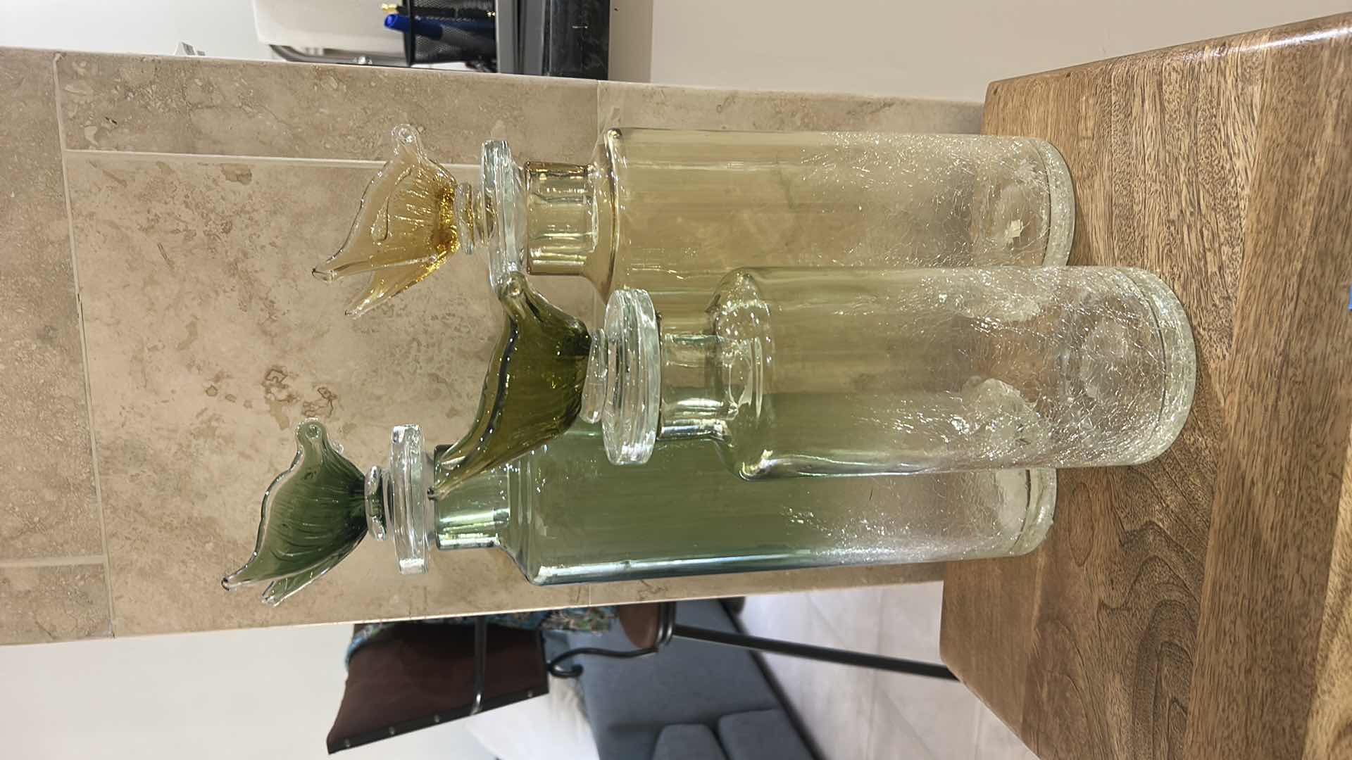 Photo 1 of 3 DECORATIVE BOTTLES FEATURE UNIQUE BUTTERFLY GLASS STOPPERS. (TALLEST H17.5”)