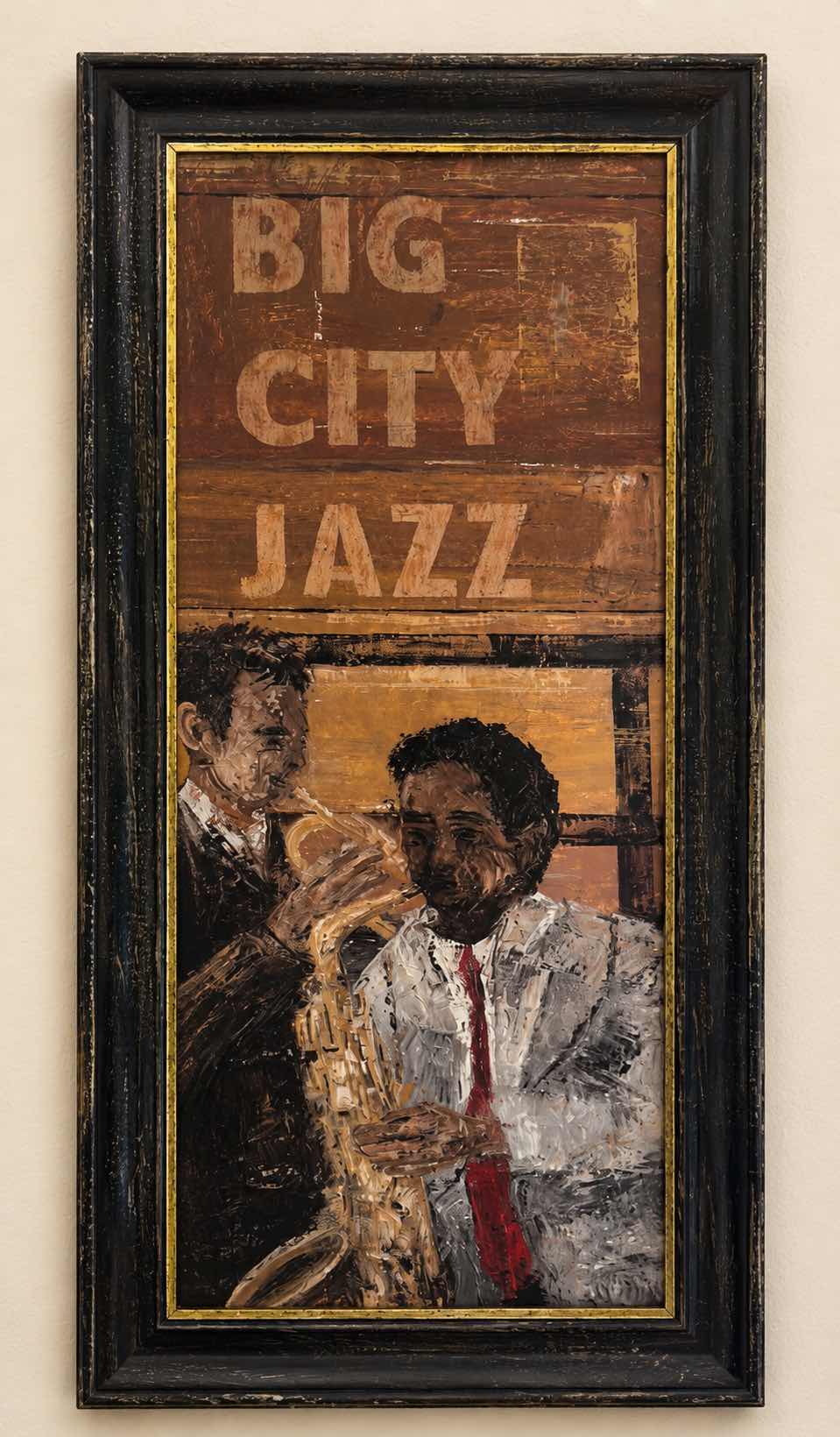 Photo 1 of FRAMED “BIG CITY JAZZ” PRINT ARTWORK BY  ARTIST JOSEP BONET SUBIRATS W 2  MUSICIANS  16.75” x H41”
