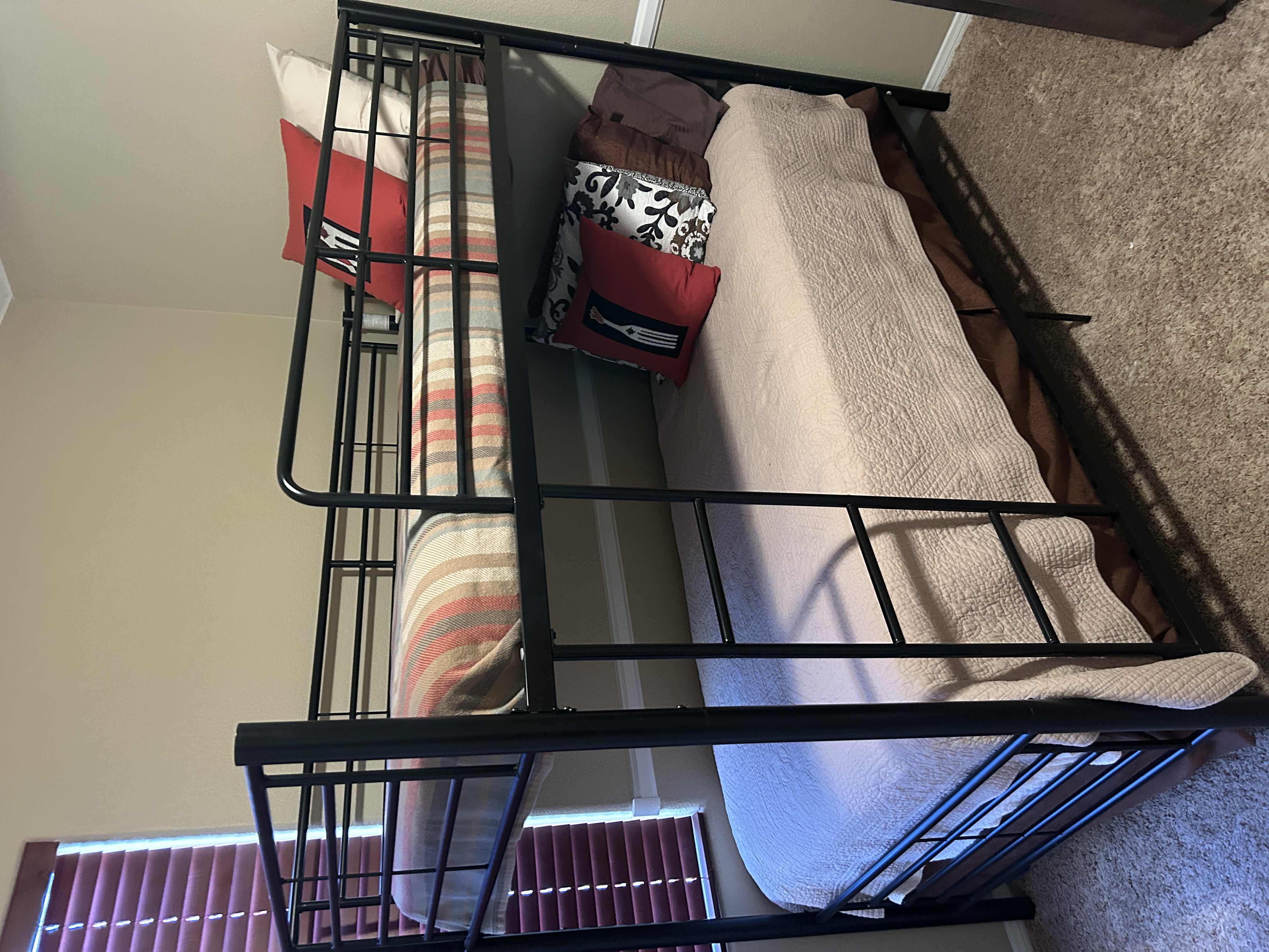 View 2 of LIVAVEGA BLACK METAL TWIN-OVER-TWIN BUNK BED W  FULL-LENGTH GUARDRAILS  INTEGRATED LADDER W BEDDING  2 MATTRESSES 78“ x 41 1/2“ x H67 1/2“