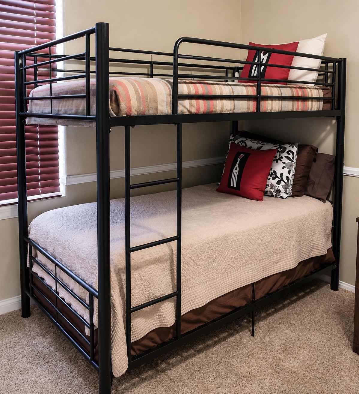 View 1 of LIVAVEGA BLACK METAL TWIN-OVER-TWIN BUNK BED W  FULL-LENGTH GUARDRAILS  INTEGRATED LADDER W BEDDING  2 MATTRESSES 78“ x 41 1/2“ x H67 1/2“