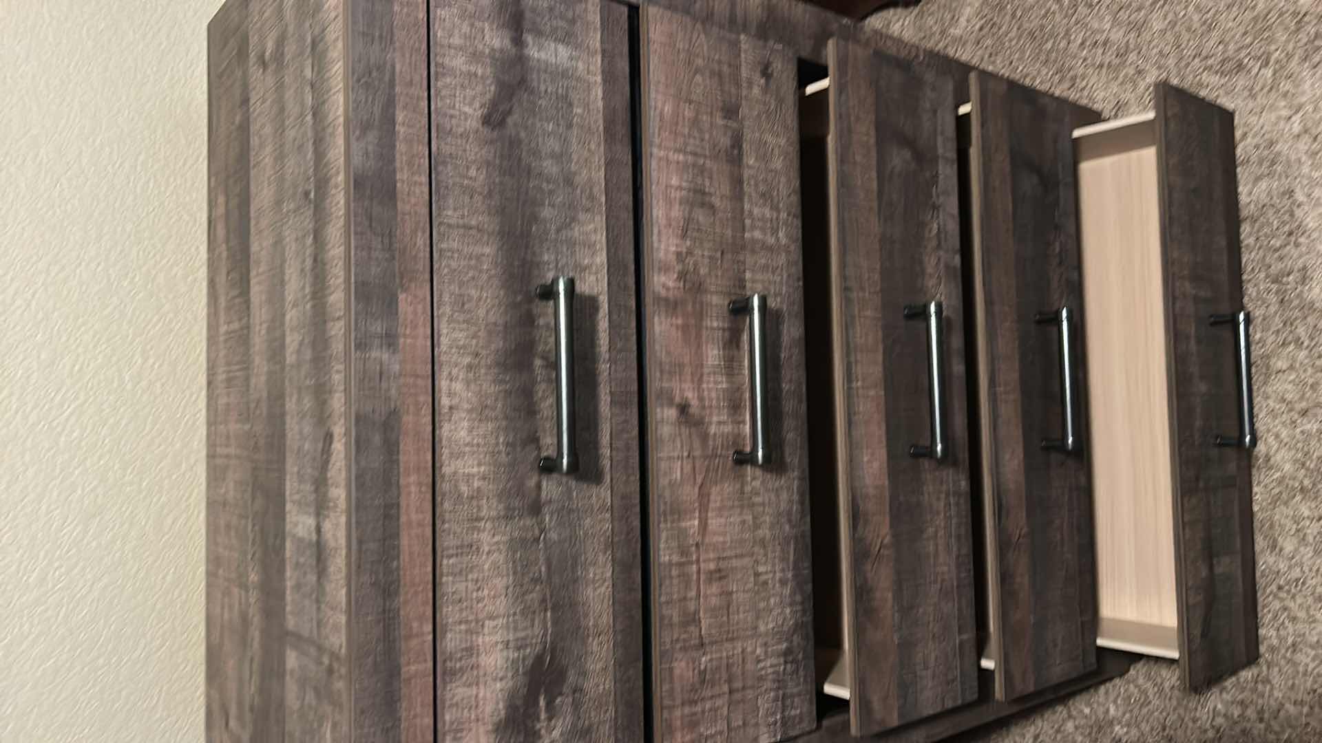 Photo 1 of RUSTIC BROWN WOOD LATITUDE RUN 5-DRAWER CHEST W BLACK METAL HARDWARE  31.5” x 16.25”  H46”
