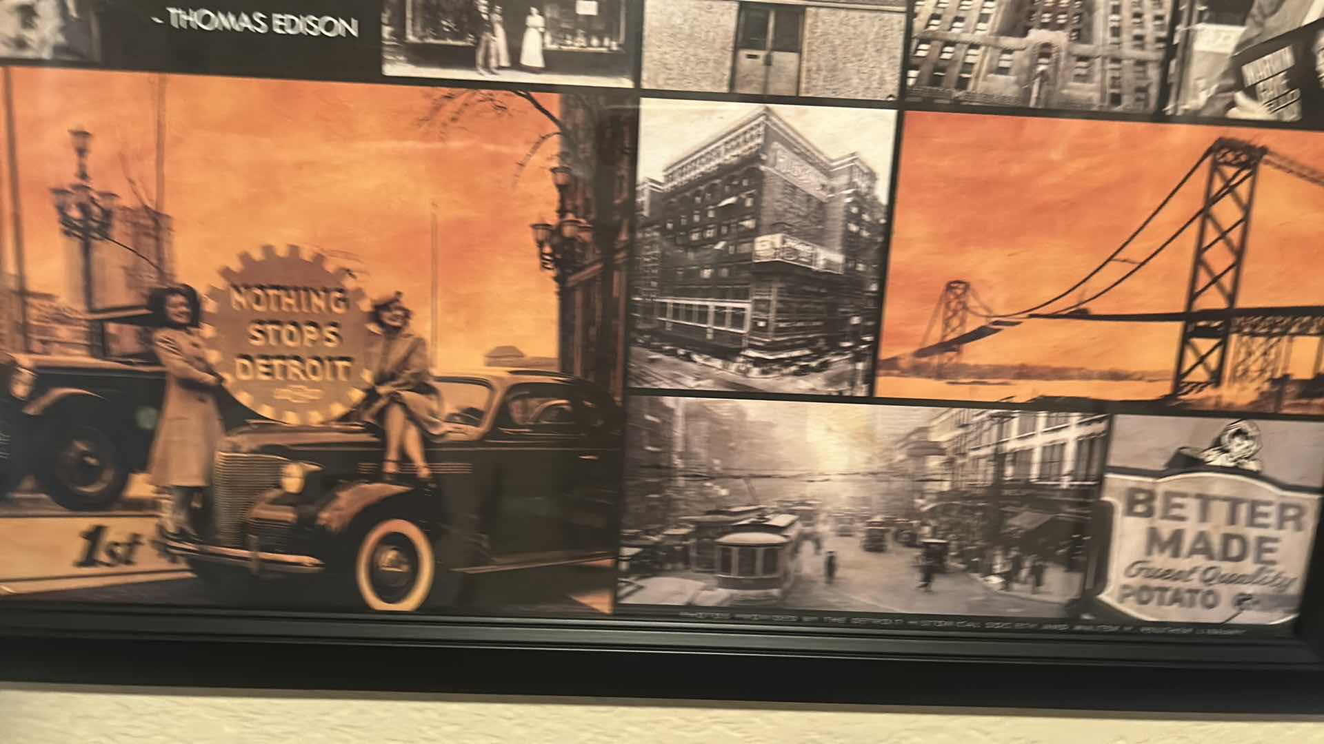 Photo 1 of FRAMED ART PRINT FEATURES A COLLAGE BRANDED WITH THE SLOGAN “DETROIT. LET IT MOVE”. 22 1/4” x H 38 1/4”