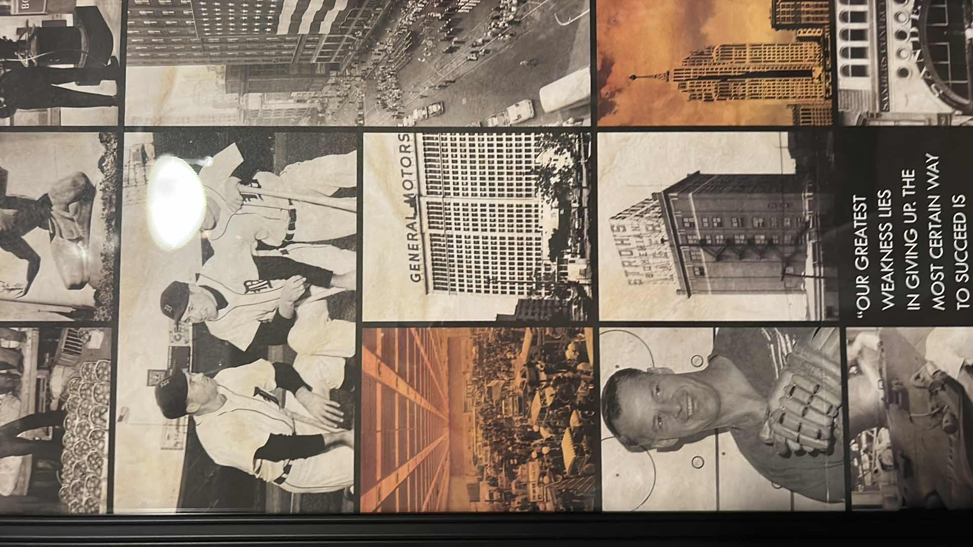 Photo 1 of FRAMED ART PRINT FEATURES A COLLAGE BRANDED WITH THE SLOGAN “DETROIT. LET IT MOVE”. 22 1/4” x H 38 1/4”