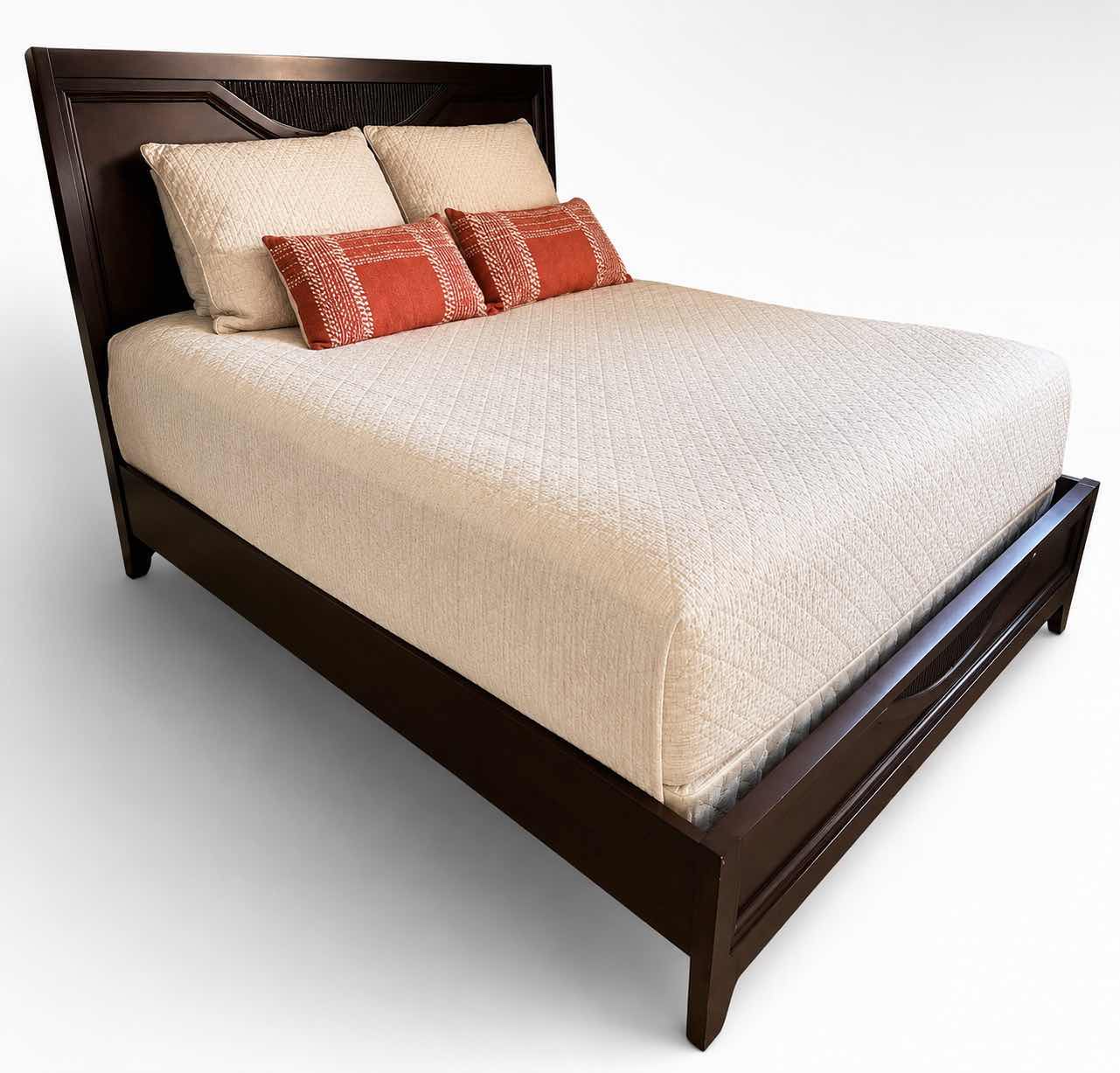 Photo 1 of DARK WOOD PLATFORM BED FEATURING A SLEIGH-STYLE HEADBOARD, MATCHING FOOTBOARD, AND NEUTRAL QUILTED BEDDING WITH ACCENT PILLOWS. INCLUDES SERTA QUEEN MATTRESS. (MATTRESS MEASURES 5 FEET X 81”  INCHES HEADBOARD HEIGHT 52 1/2 INCHES)