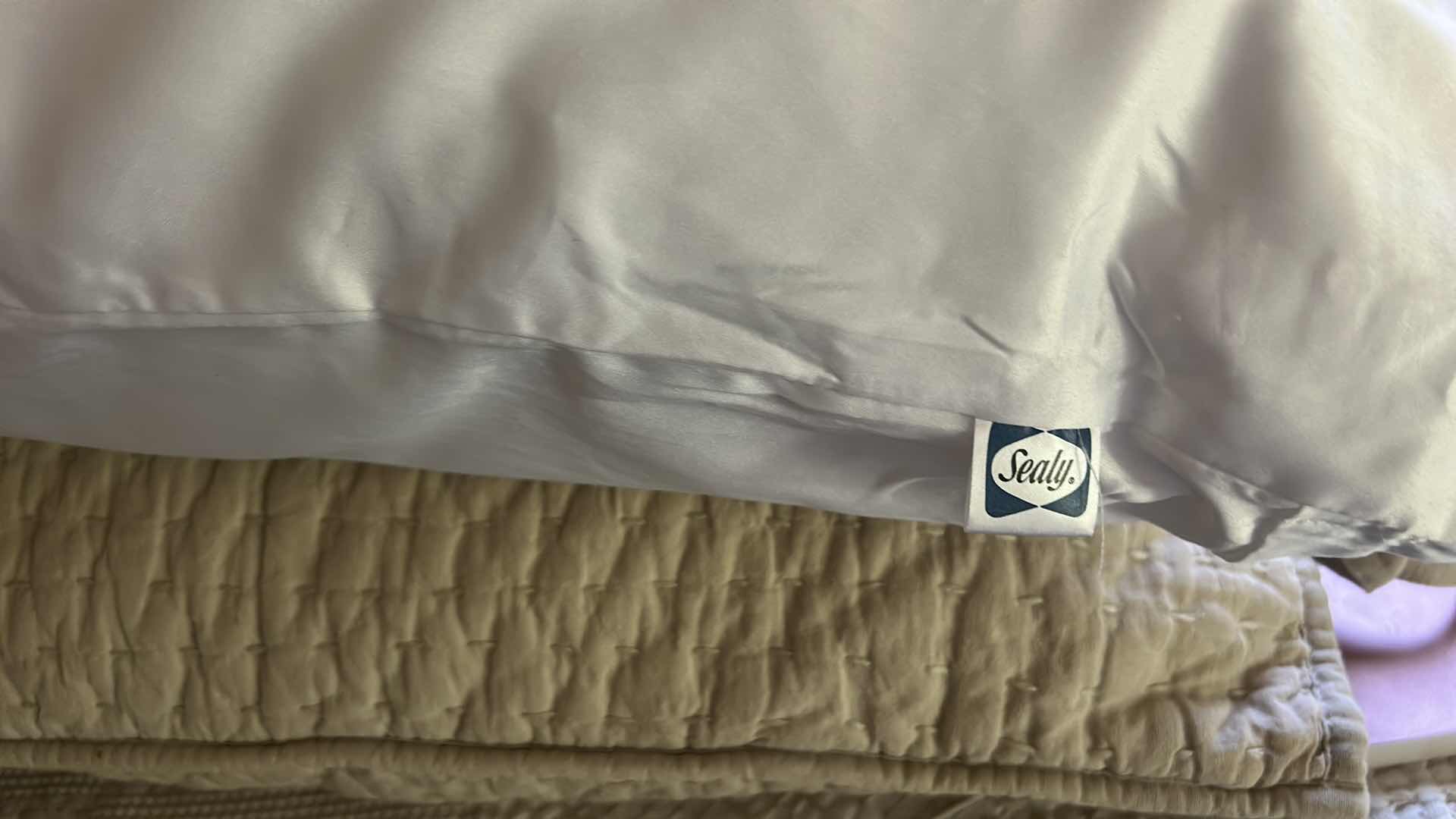 Photo 1 of DARK WOOD PLATFORM BED FEATURING A SLEIGH-STYLE HEADBOARD, MATCHING FOOTBOARD, AND NEUTRAL QUILTED BEDDING WITH ACCENT PILLOWS. INCLUDES SERTA QUEEN MATTRESS. (MATTRESS MEASURES 5 FEET X 81”  INCHES HEADBOARD HEIGHT 52 1/2 INCHES)