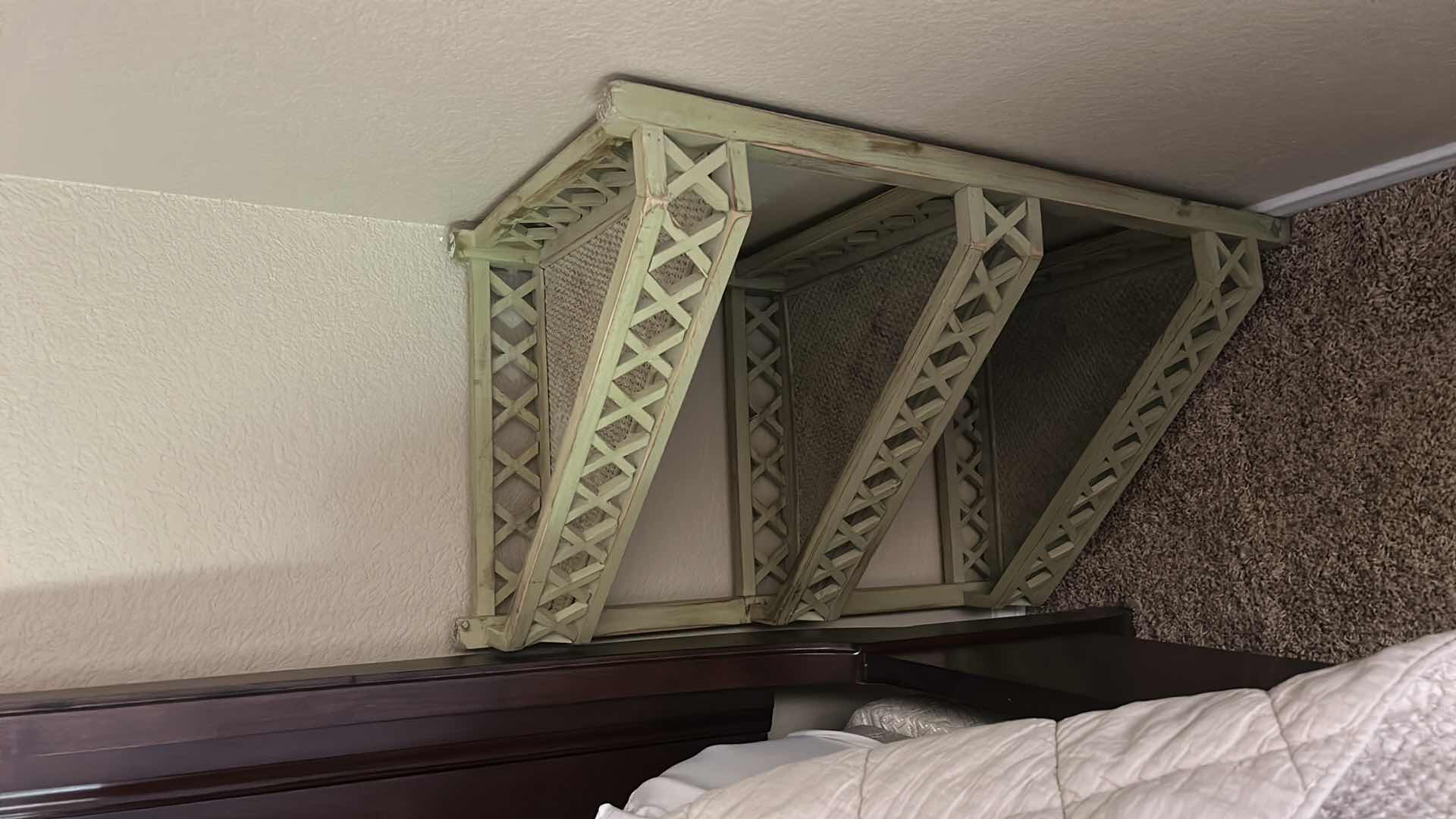 Photo 1 of LIGHT GREEN VINTAGE CORNER SHELF, FAUX BAMBOO DESIGN FEATURING THREE TIERS WITH A CROSS-HATCH STRUCTURE. $239 22“ x 13 1/4“ x 29“
