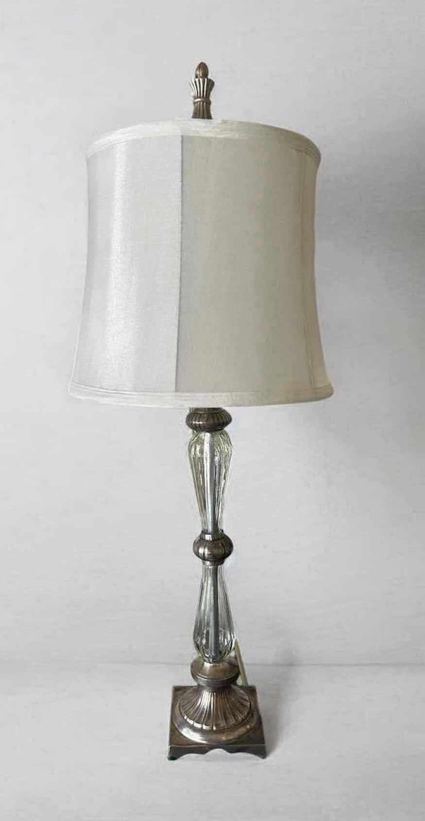 Photo 1 of TABLE LAMP W CARVED CRYSTAL GLASS BASE & WHITE FAUX SILK SHADE H 29"