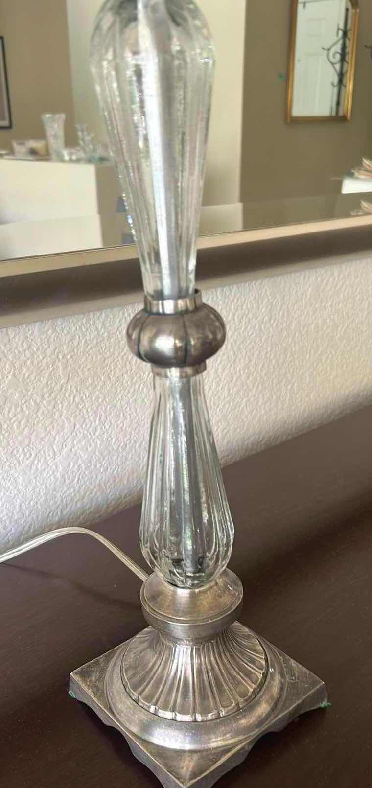 Photo 1 of TABLE LAMP W CARVED CRYSTAL GLASS BASE & WHITE FAUX SILK SHADE H 29"