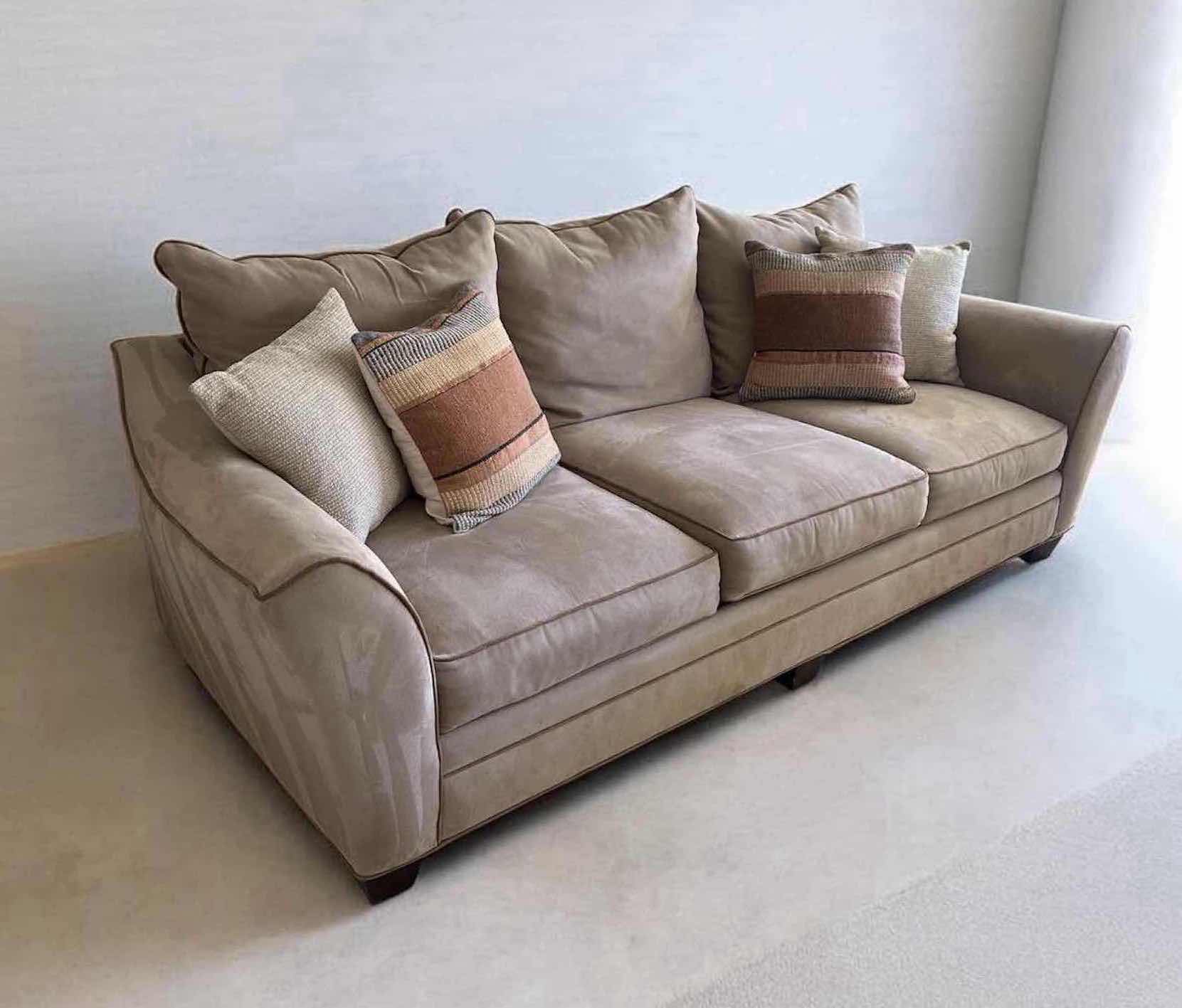 Photo 1 of BEIGE MICROFIBER 7FT SOFA W COMFORTABLE BACK CUSHIONS & FLARED ARMS