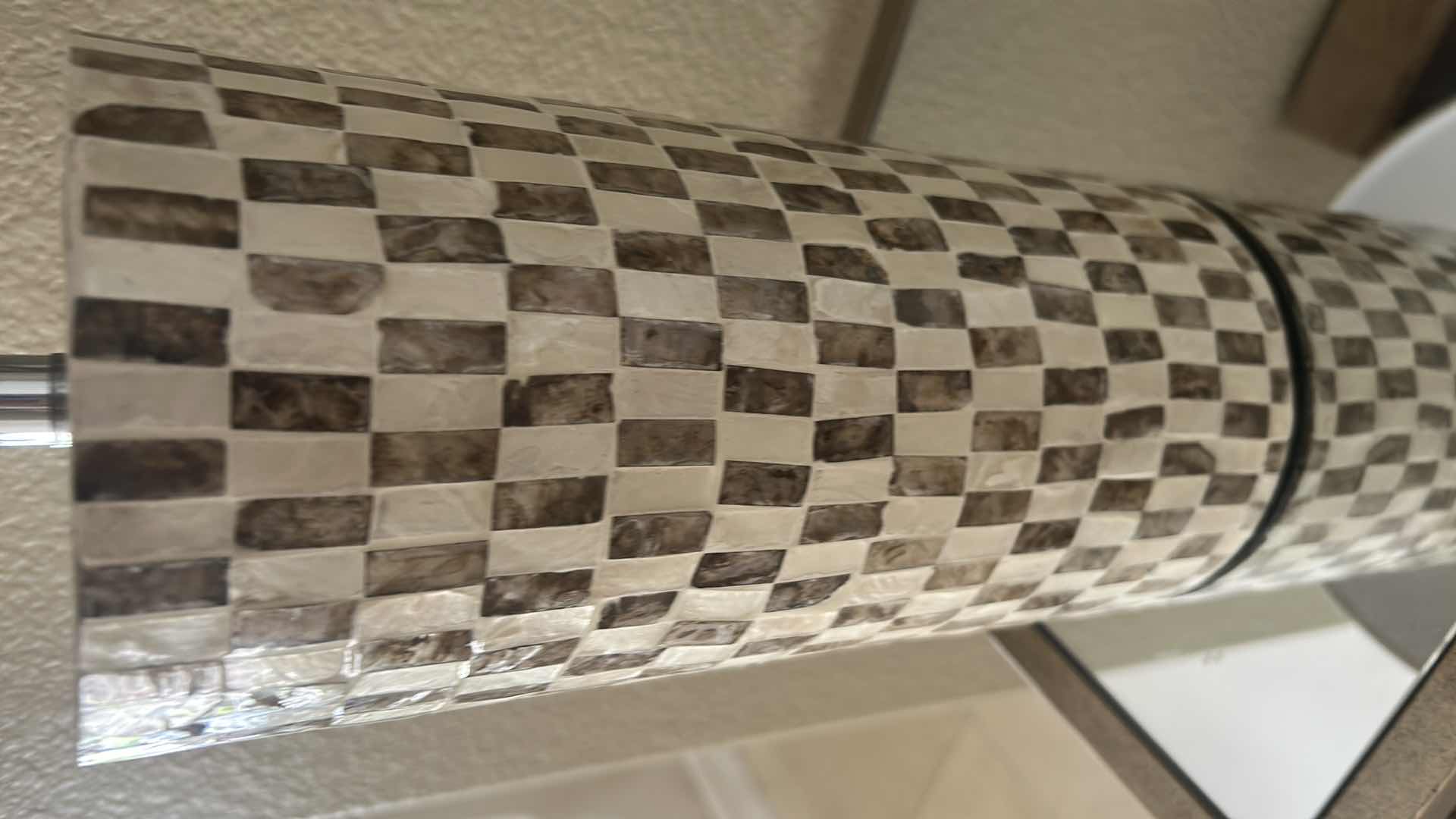 Photo 1 of TIA LAMP W CYLINDER MOSAIC PATTERN BASE & BEIGE DRUM SHADE H 24"