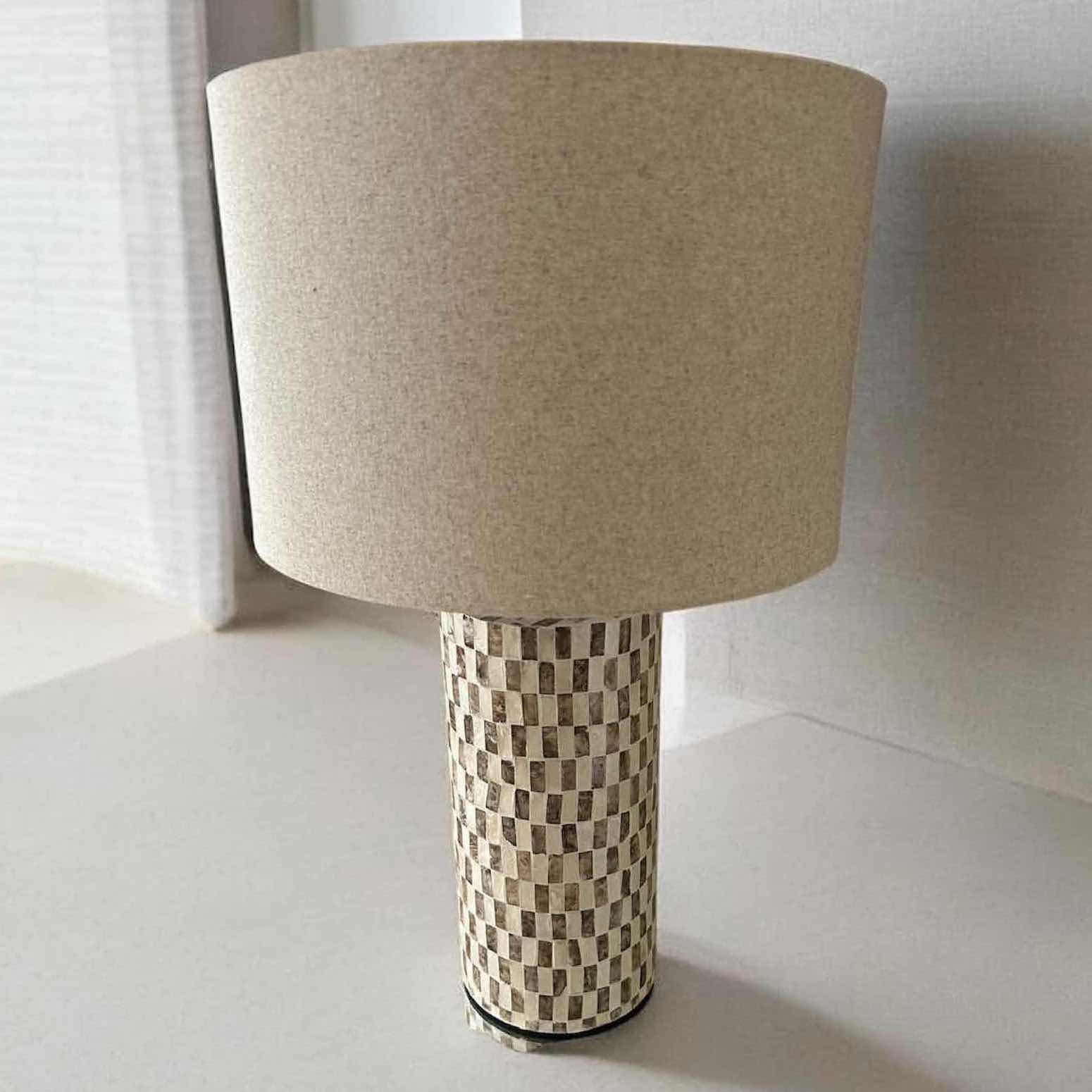 Photo 1 of TIA LAMP W CYLINDER MOSAIC PATTERN BASE & BEIGE DRUM SHADE H 24"