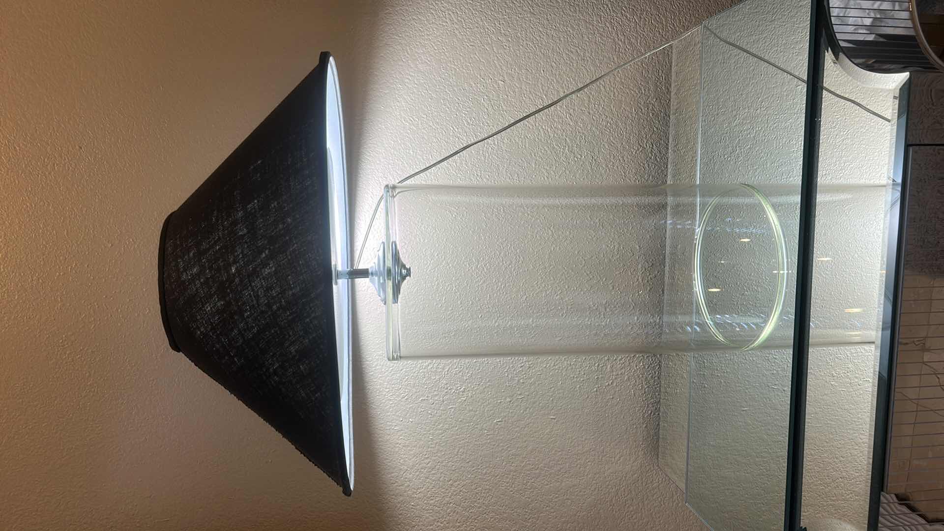 Photo 1 of CONTEMPORARY GLASS CYLINDER TABLE LAMP W  BLACK WOVEN FABRIC TAPERED SHADE H28””
